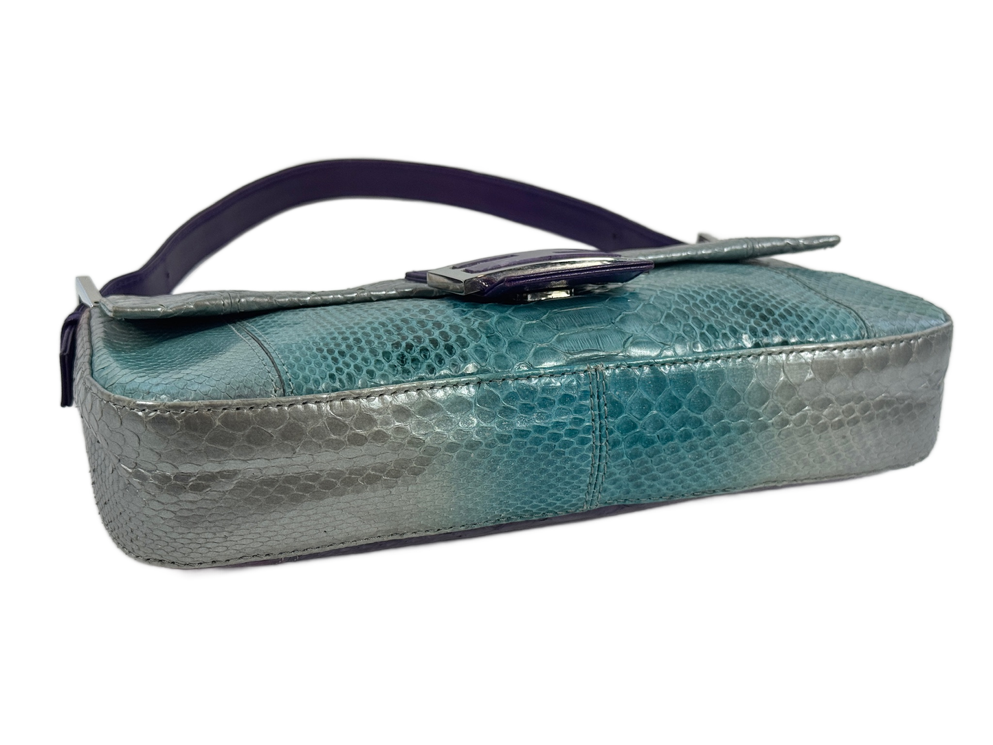 Fendi Vintage Silver Blue Purple Fuchsia Ombré Snakeskin Baguette Shoulder Bag