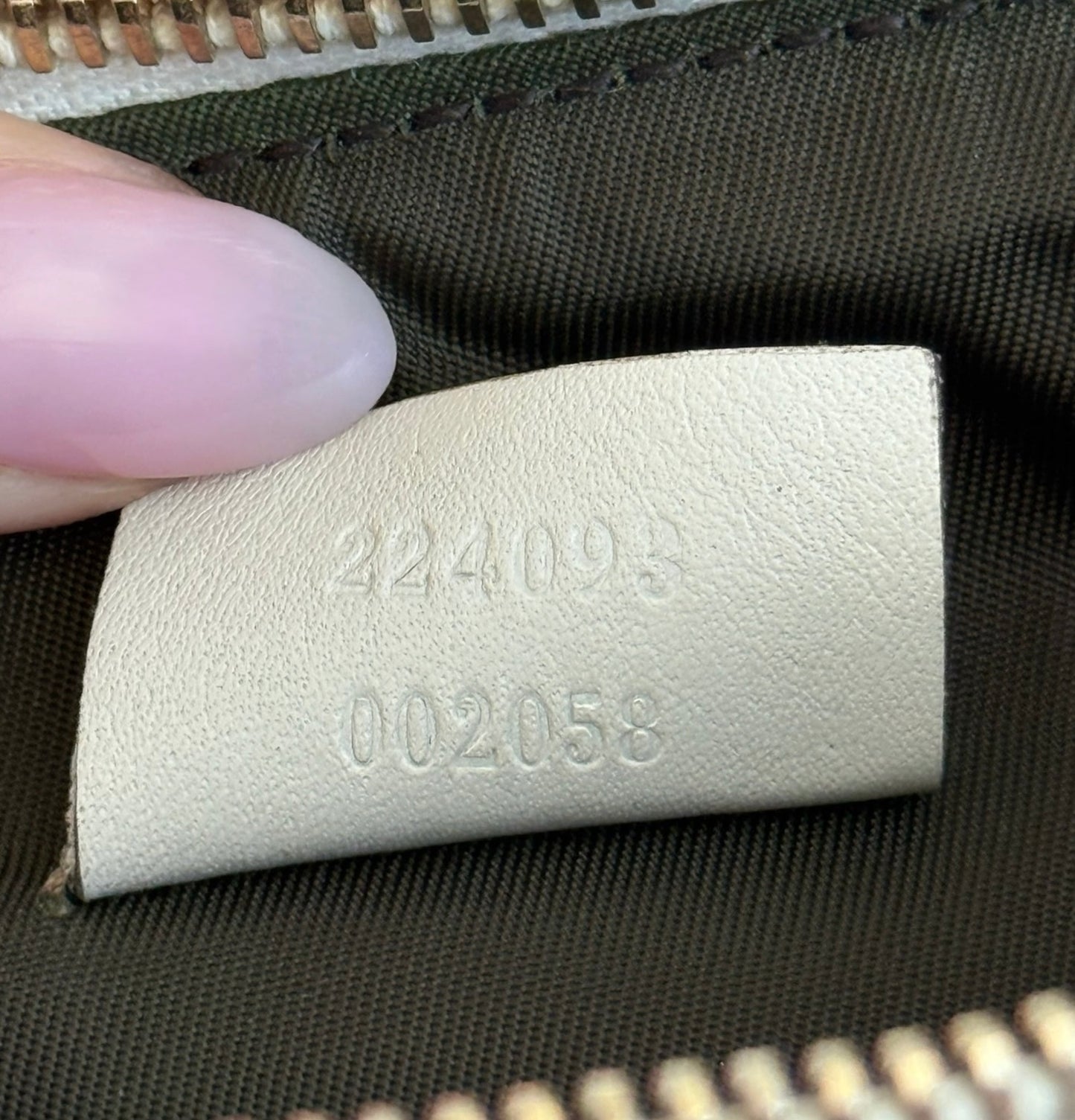 Gucci Vintage Brown GG Monogram Ivory Leather Trim Striped Pull Ruffle Small Pochette Bag