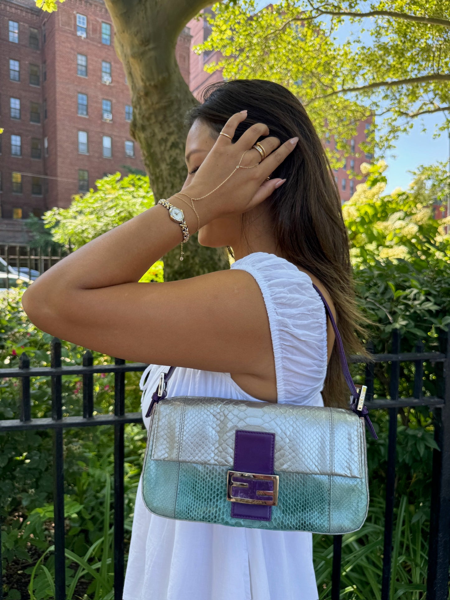 Fendi Vintage Silver Blue Purple Fuchsia Ombré Snakeskin Baguette Shoulder Bag