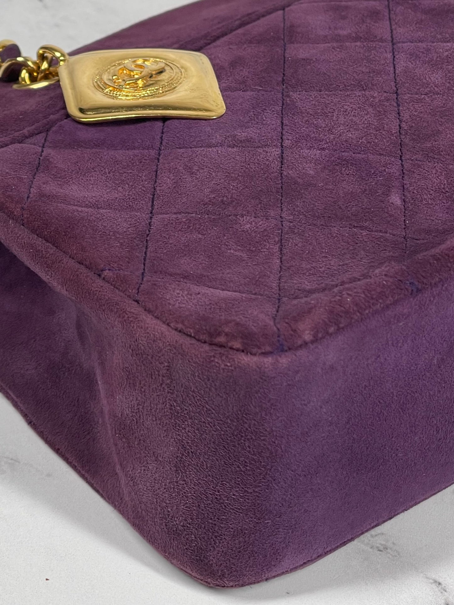 Chanel Vintage 1 Series Eggplant Purple Suede Chain Shoulder Bag w 24K GPHW