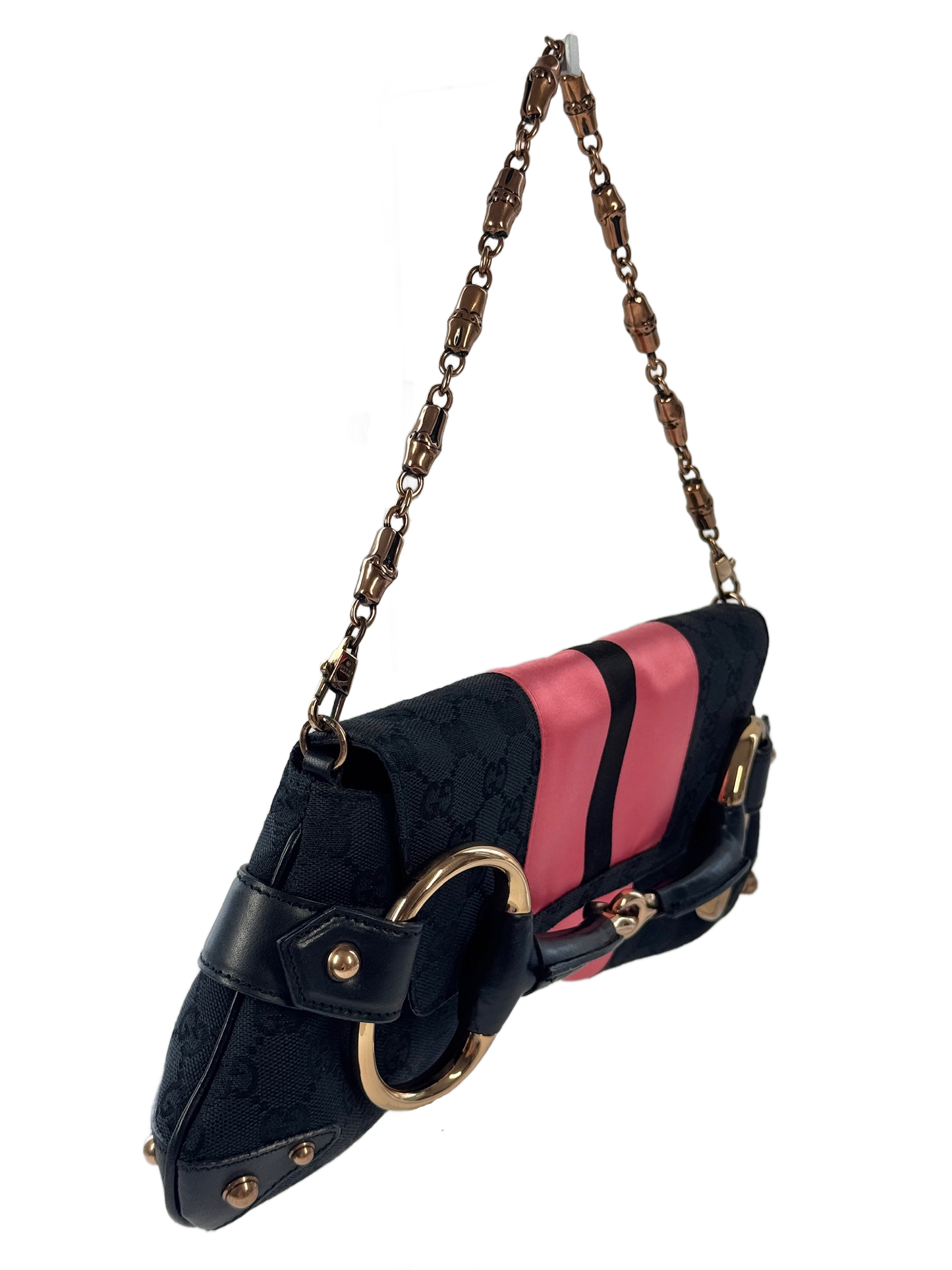 Gucci Vintage Black GG Monogram Gold Horsebit Pink Satin Striped Bamboo Chain Large Shoulder Clutch Bag