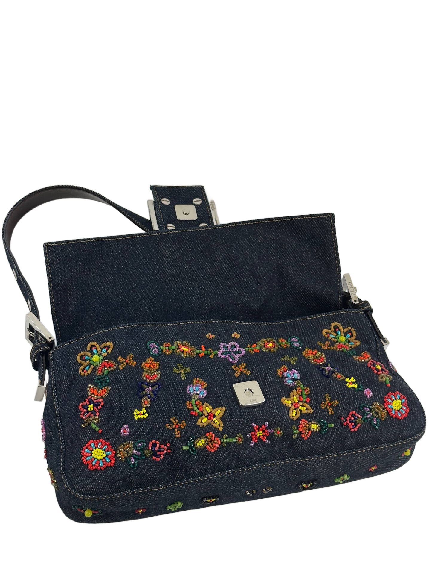 Fendi Vintage Blue Denim Floral Embroidered Beaded Shoulder Baguette Bag