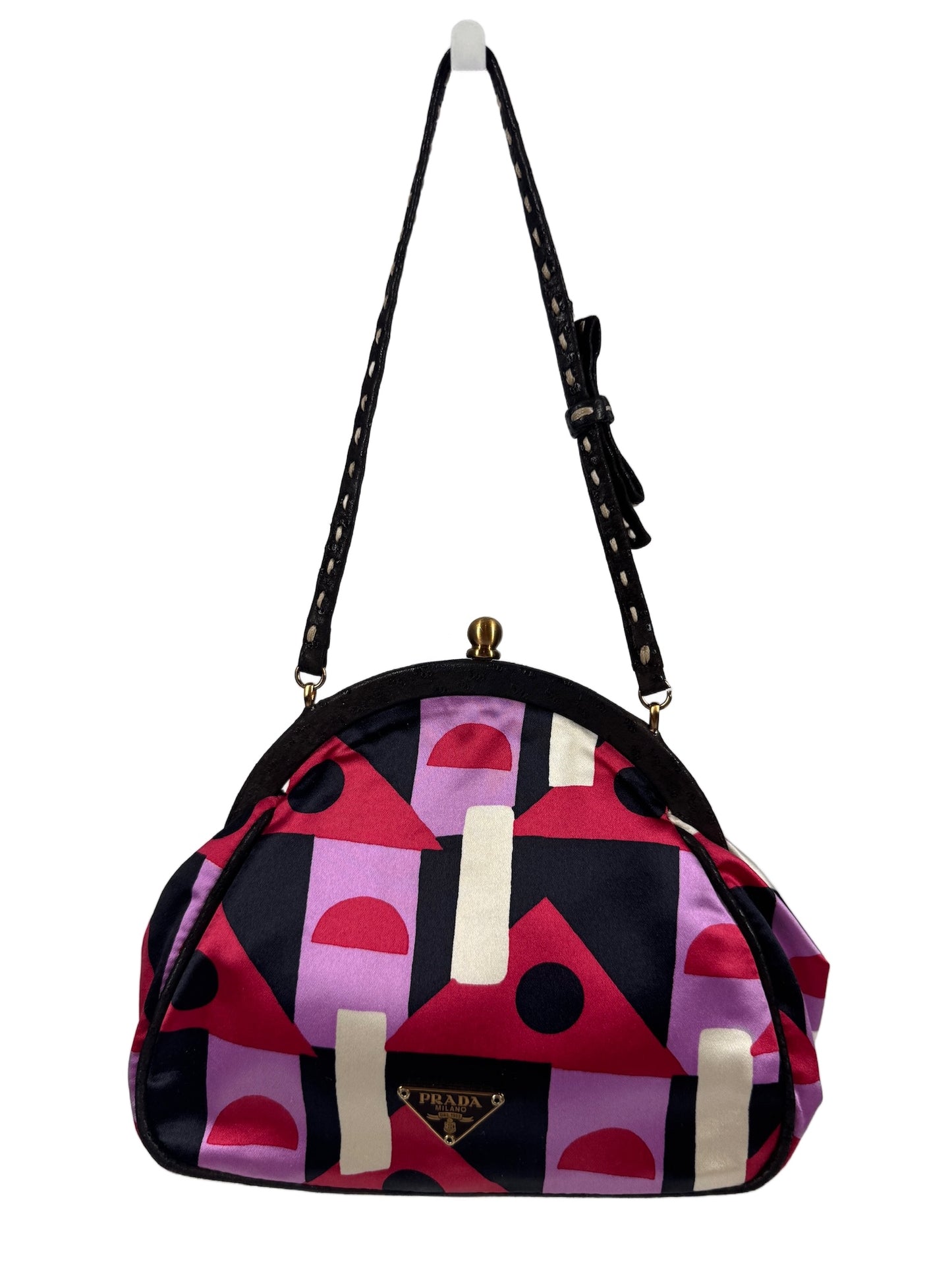 Prada Vintage 2003 Fuchsia Lilac Geometric Satin Kisslock Top Handle Mini Bag