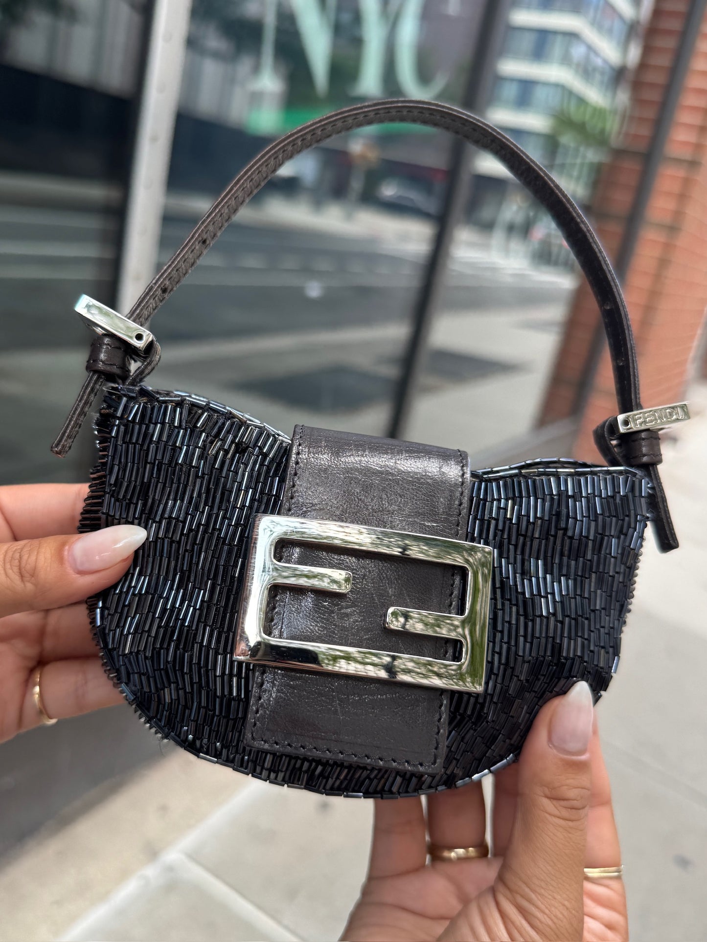 Fendi Vintage Iridescent Black Beaded Mini Croissant Baguette Bag