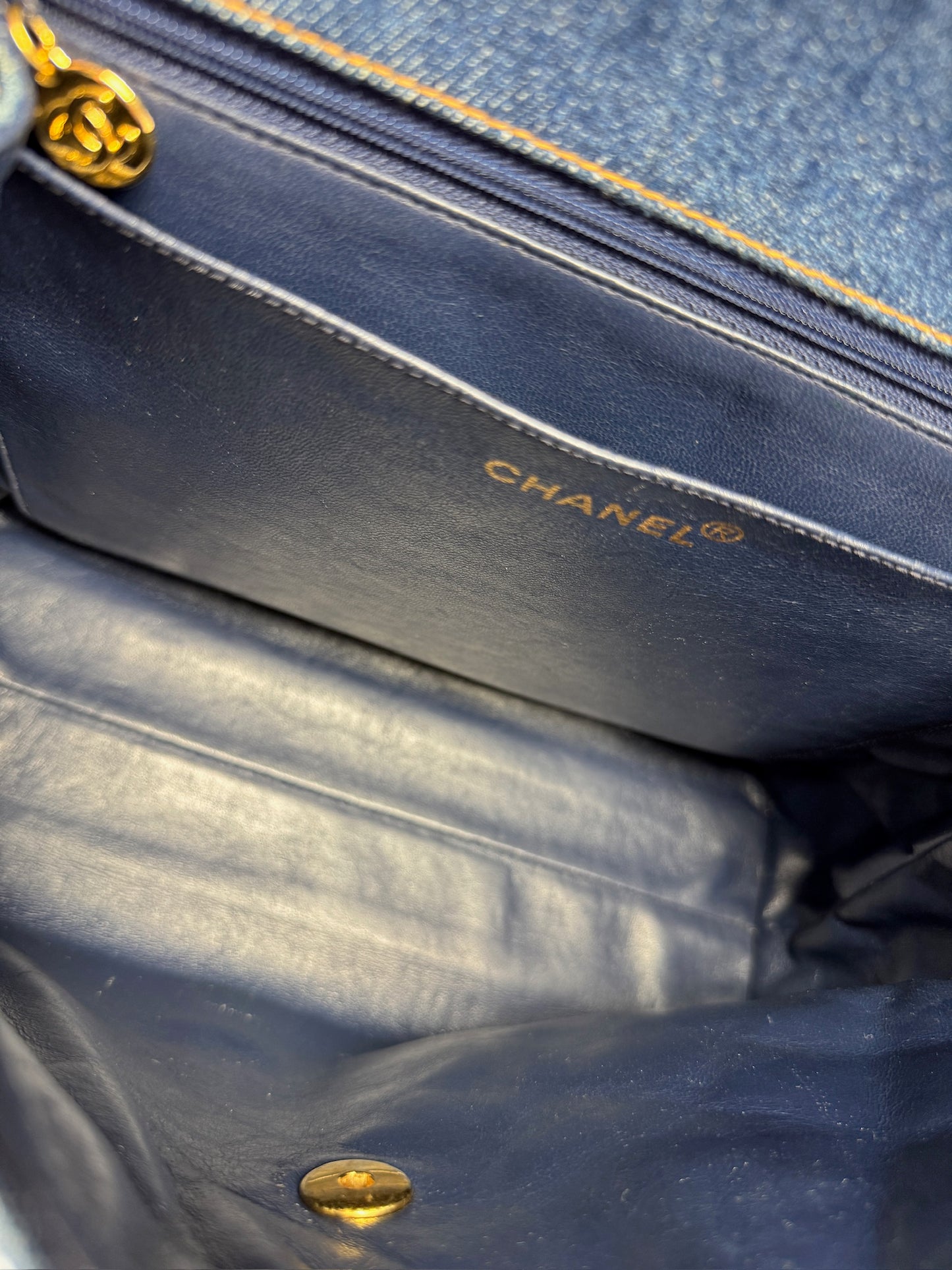 Chanel Vintage 1997 Blue Quilted Denim Medium Classic Kelly Top Handle Flap Bag w 24K Gold Plated Hardware