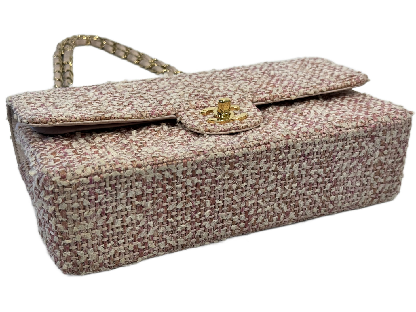 Chanel Vintage 2003 Baby Pink Tweed Medium Classic Double Flap Bag w 24K Gold Plated Hardware
