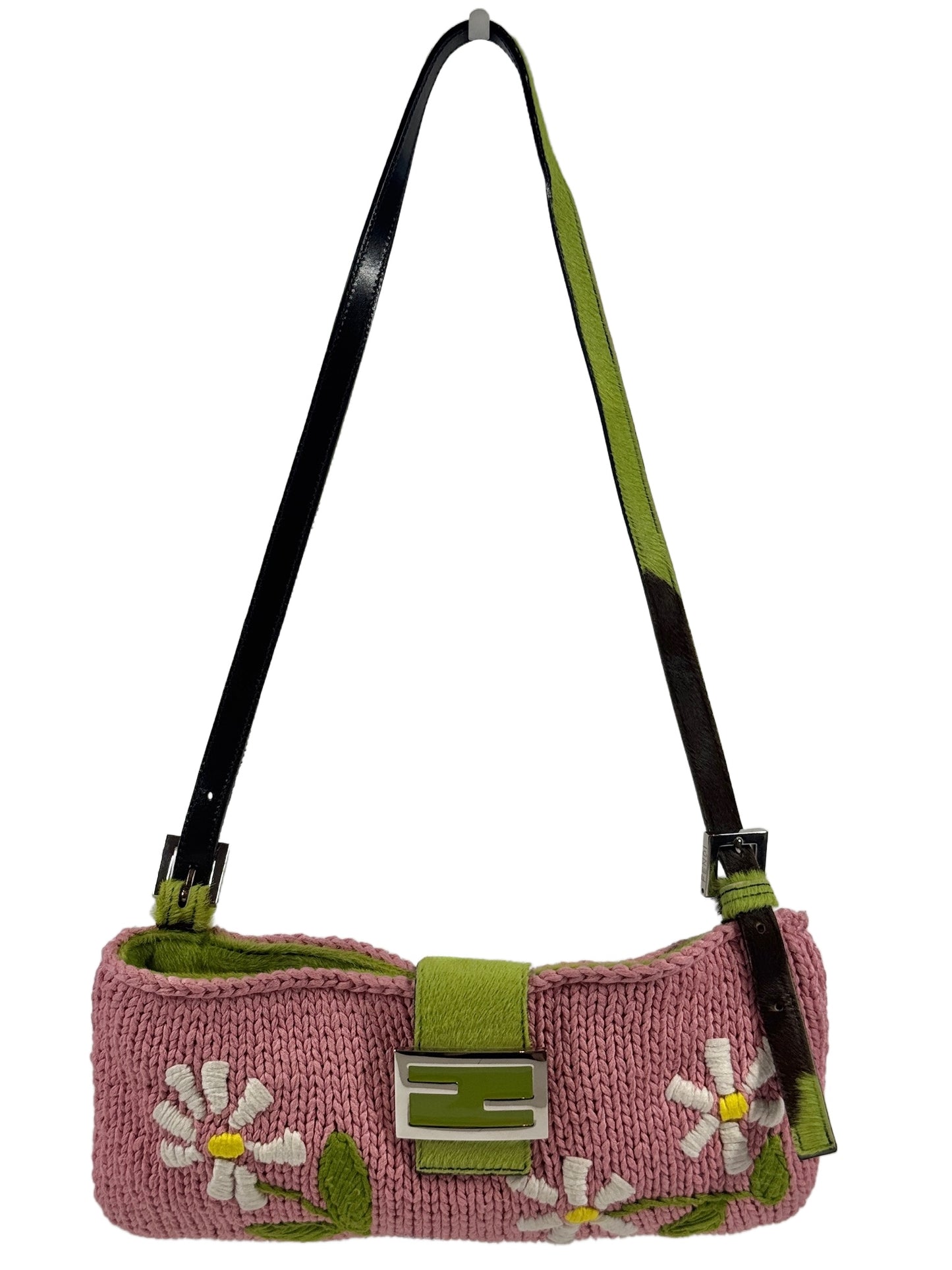 Fendi Vintage Pink Knit Floral Green Cow Print Pony Hair Trim Shoulder Baguette Bag