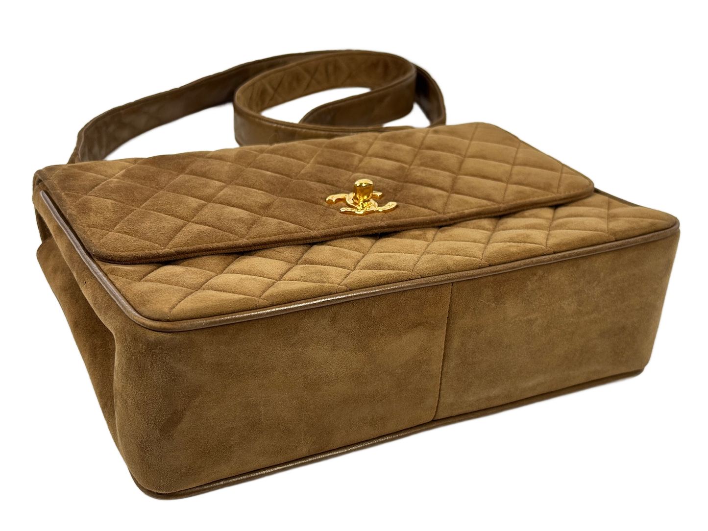 Chanel Vintage 90s Light Brown Quilted Suede Quilted Medium Classic Flap Shoulder Crossbody Bag w 24K Gold Plated Hardware