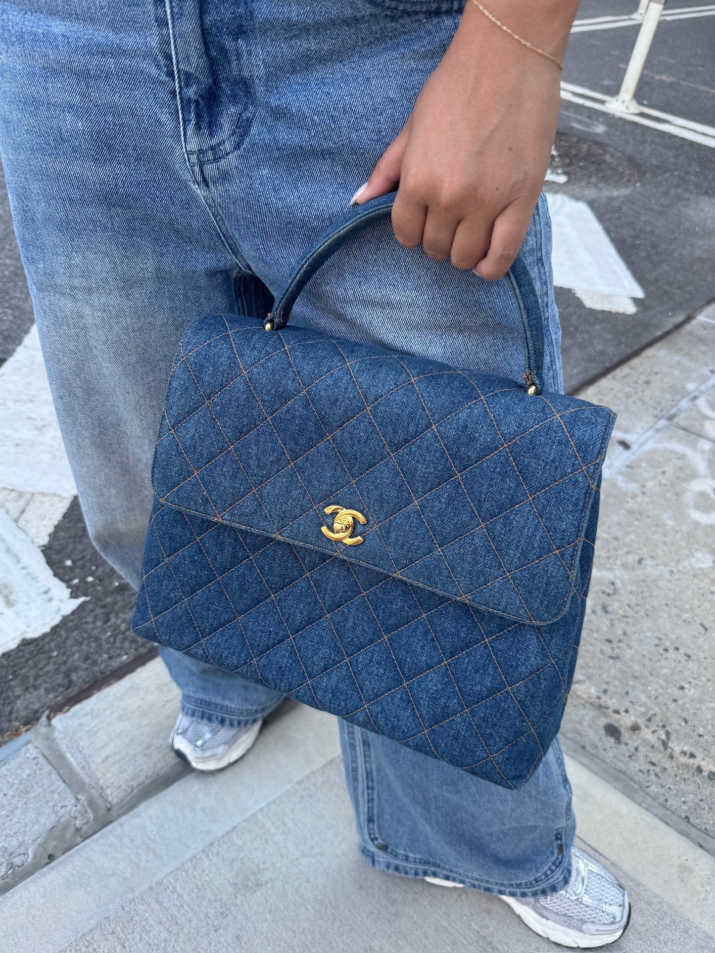 Chanel Vintage 1997 Blue Quilted Denim Medium Classic Kelly Top Handle Flap Bag w 24K Gold Plated Hardware