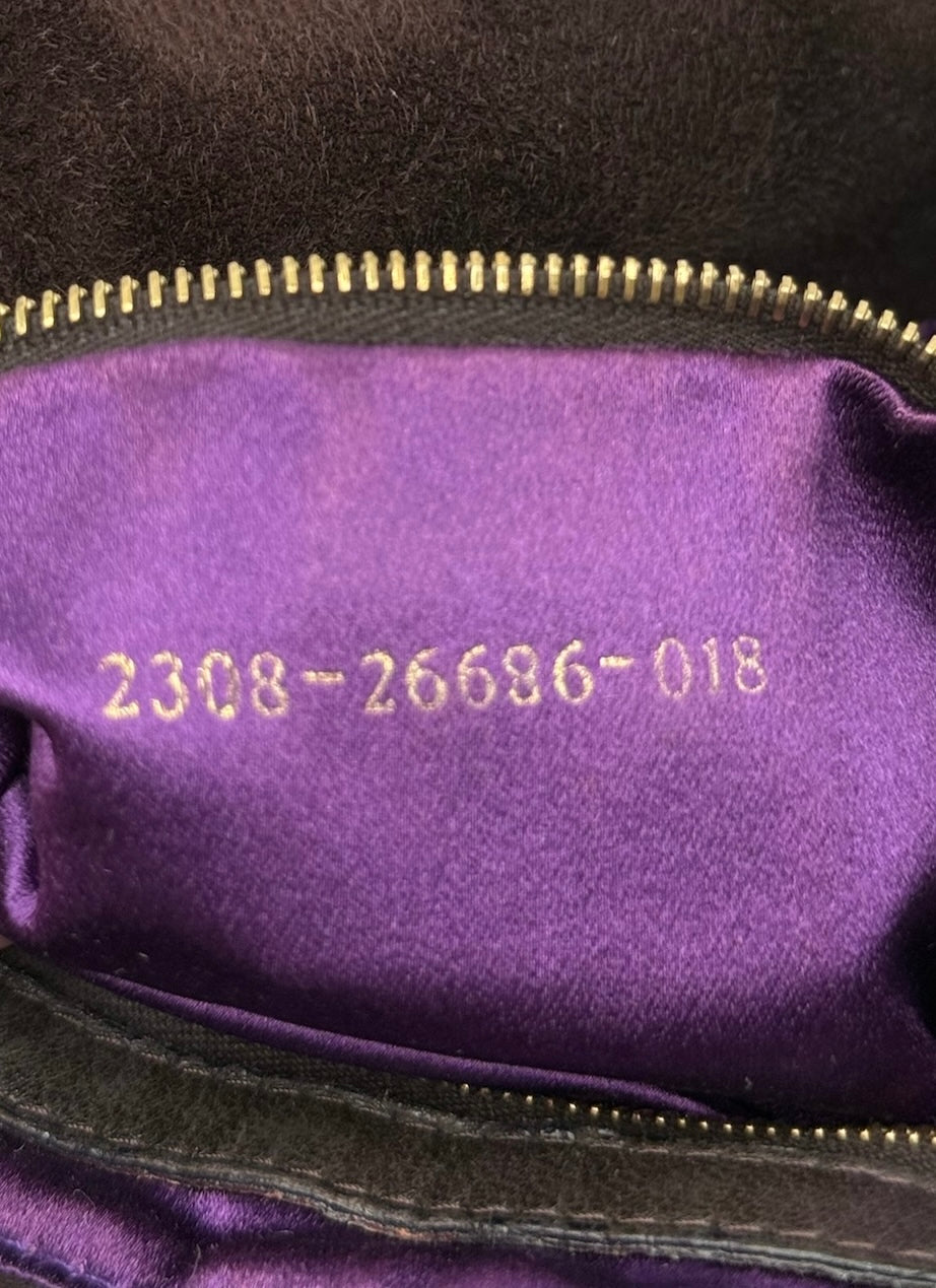 Fendi Vintage Brown Suede Hobo Bucket Shoulder Baguette Bag with Purple Glitter Logo