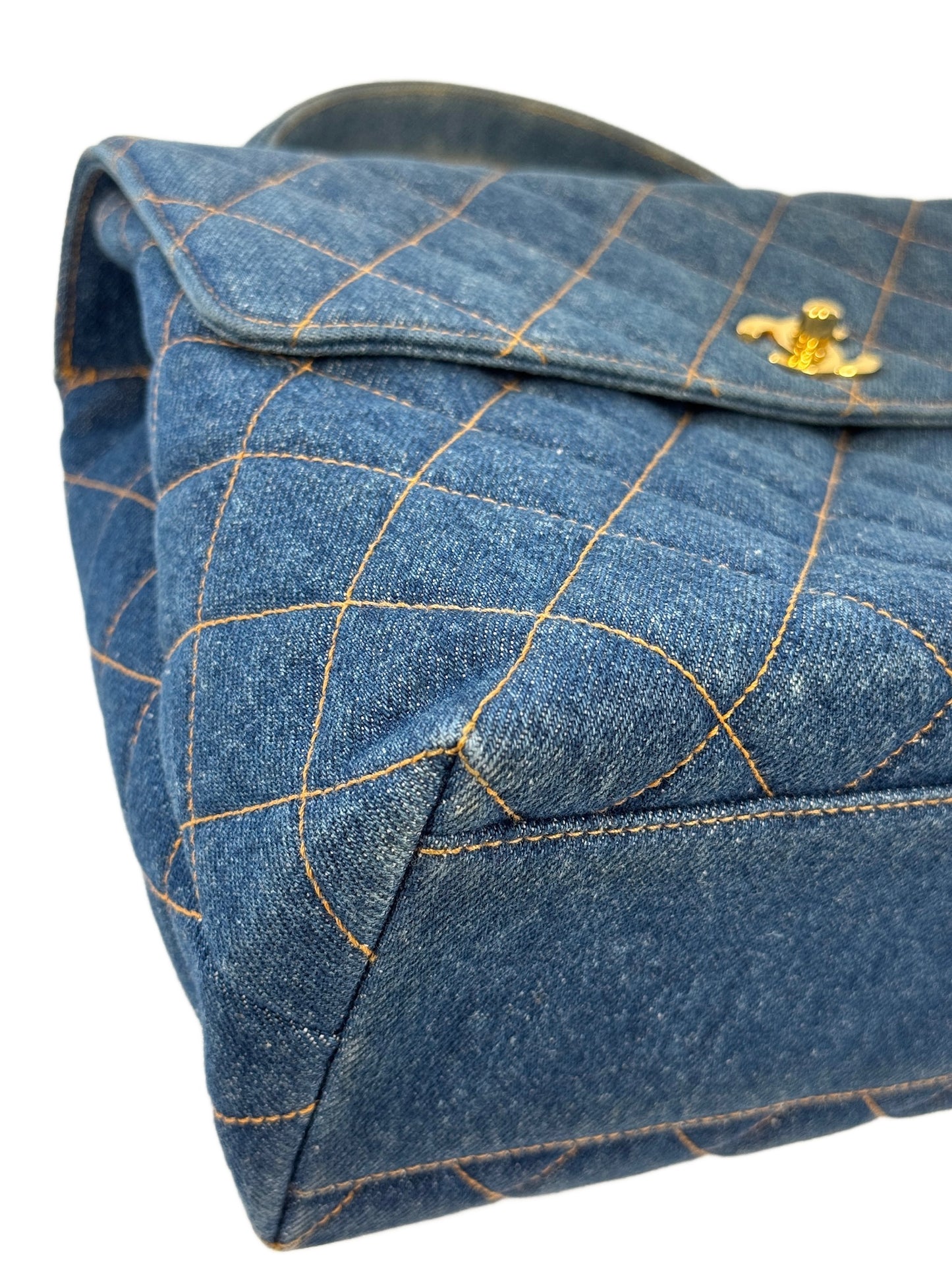 Chanel Vintage 1997 Blue Quilted Denim Medium Classic Kelly Top Handle Flap Bag w 24K Gold Plated Hardware