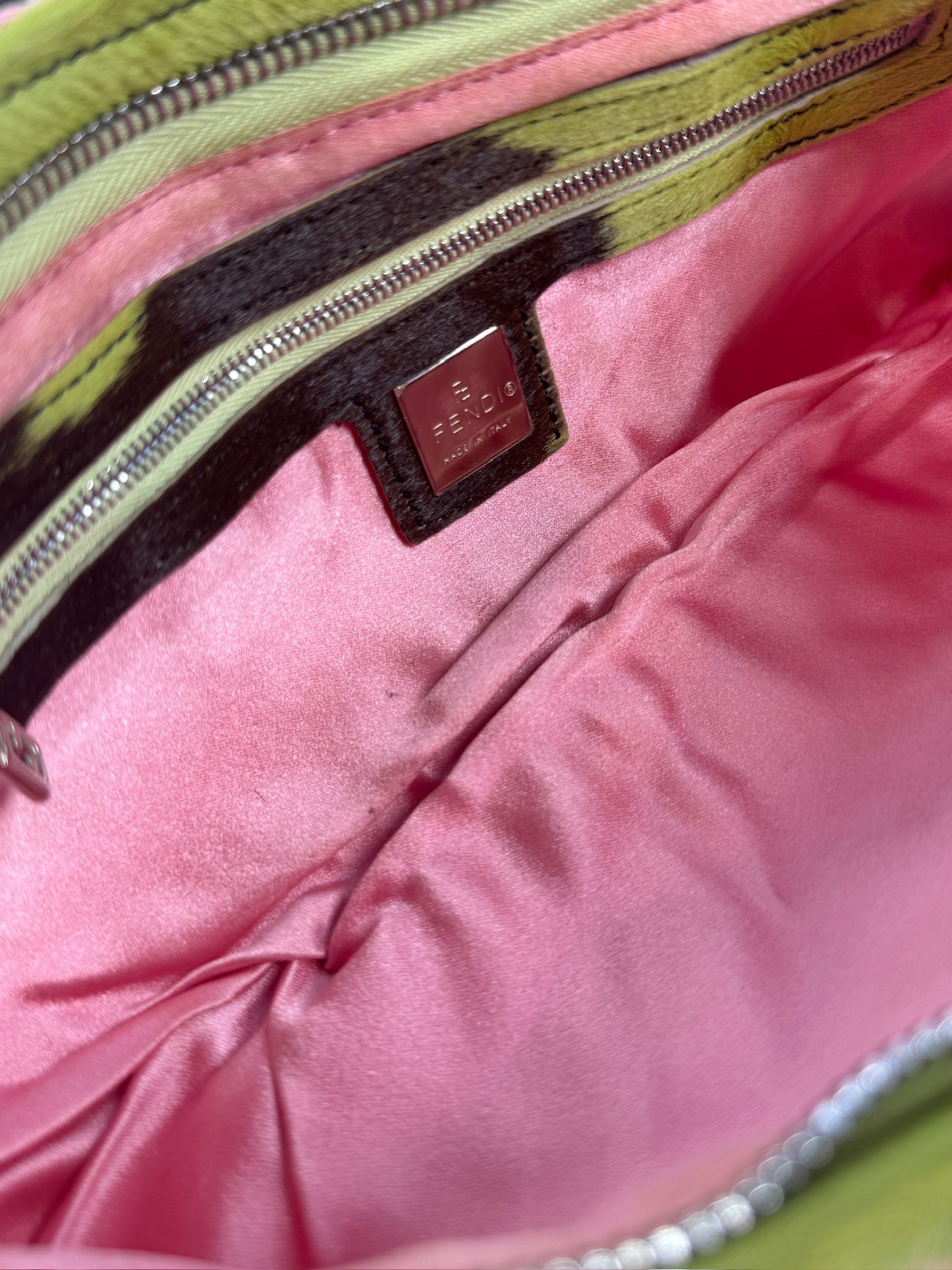 Fendi Vintage Pink Knit Floral Green Cow Print Pony Hair Trim Shoulder Baguette Bag