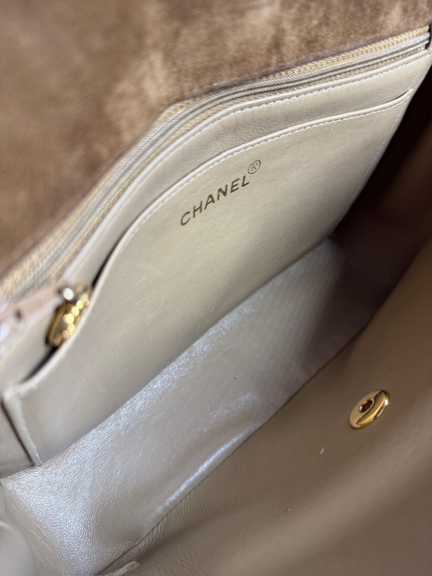 Chanel Vintage 90s Light Brown Quilted Suede Quilted Medium Classic Flap Shoulder Crossbody Bag w 24K Gold Plated Hardware