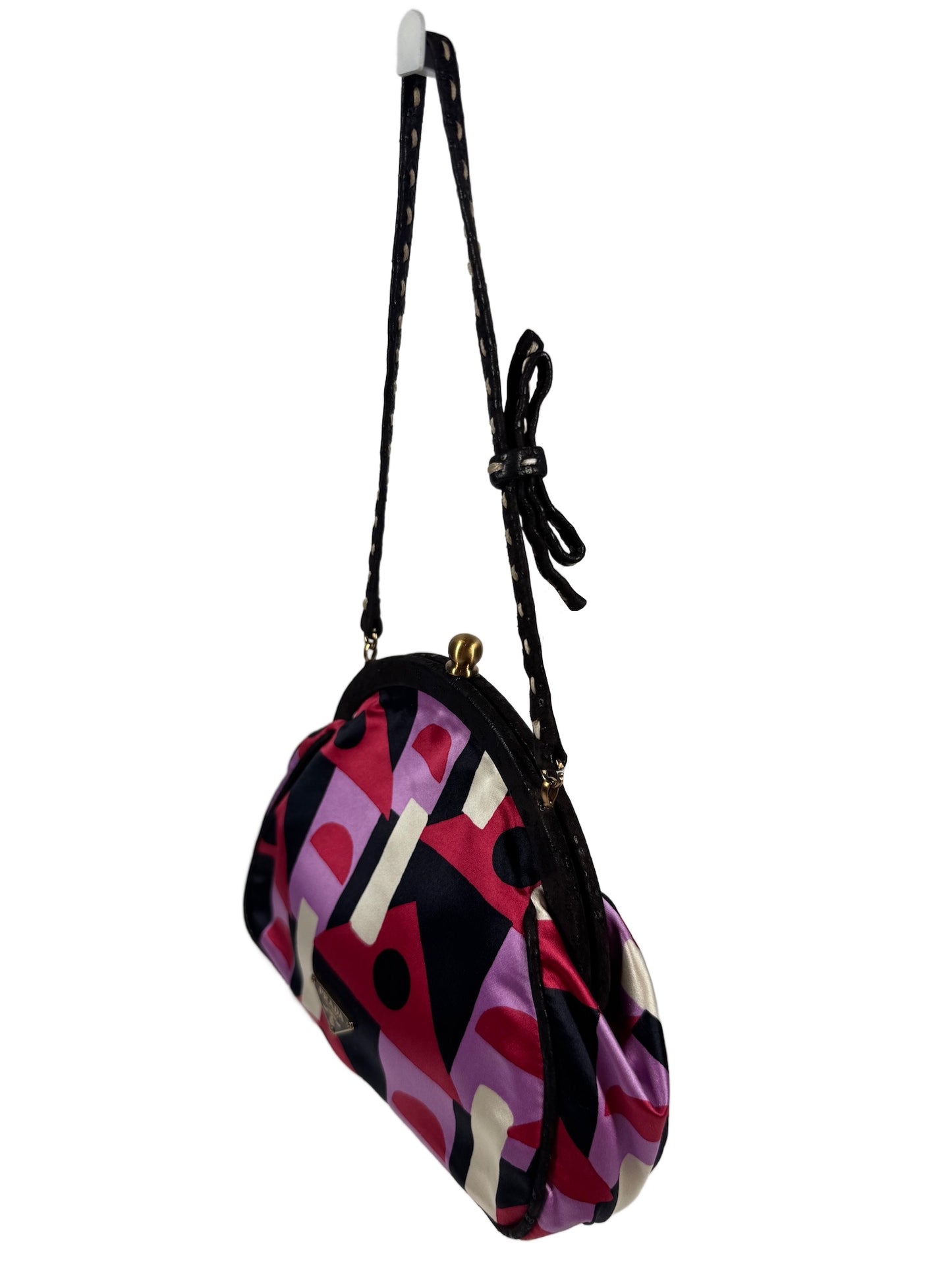 Prada Vintage 2003 Fuchsia Lilac Geometric Satin Kisslock Top Handle Mini Bag