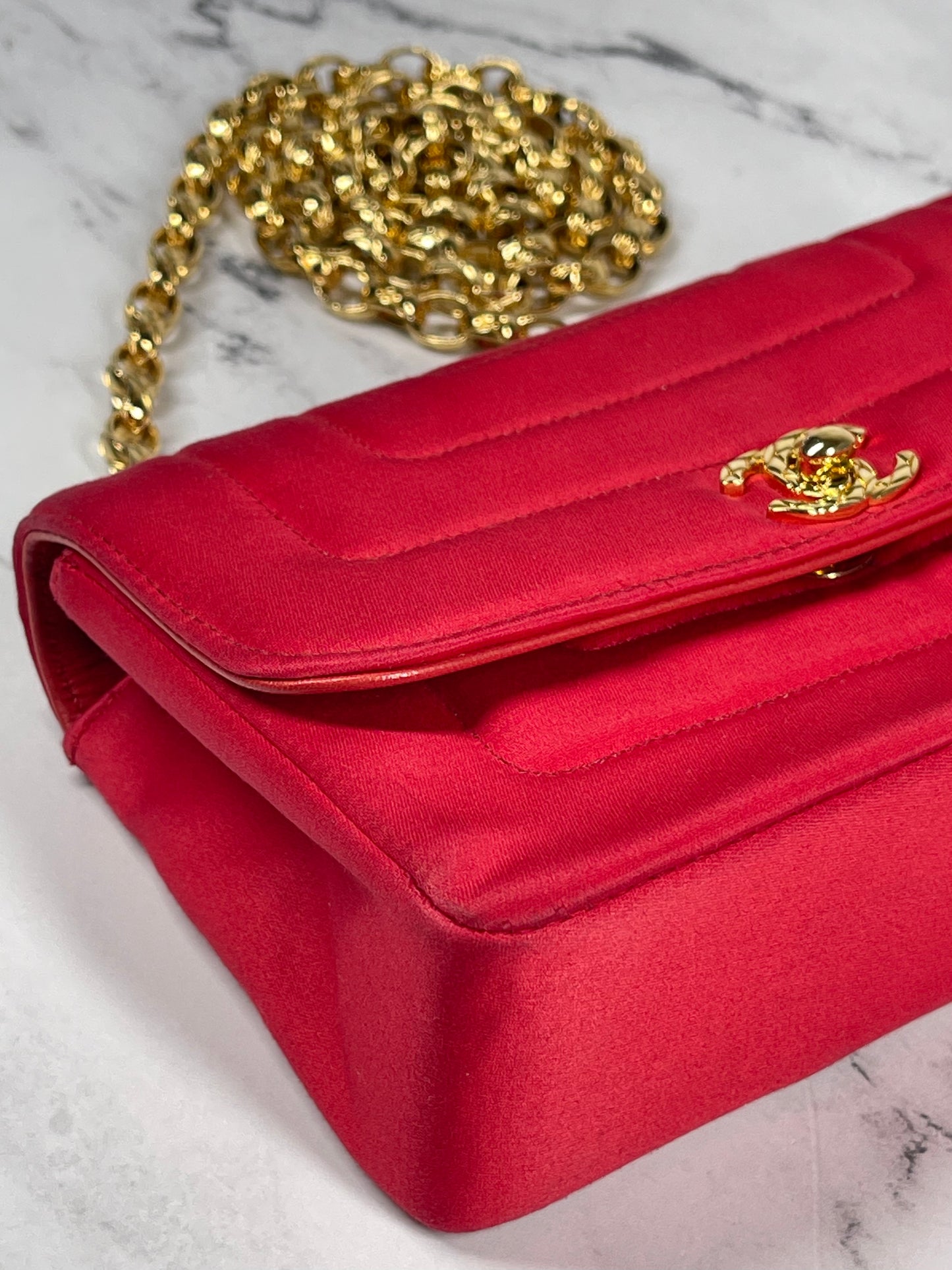 Chanel Vintage 2 Series Red Satin Classic Mini Flap Bag w Bijoux Chain w 24K GPHW