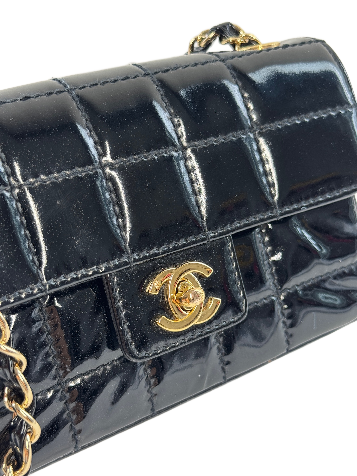 Chanel Vintage 00s Black Patent Leather Mini Rectangular Quilted Chocolate Bar Flap Bag w 24K Gold Plated Hardware