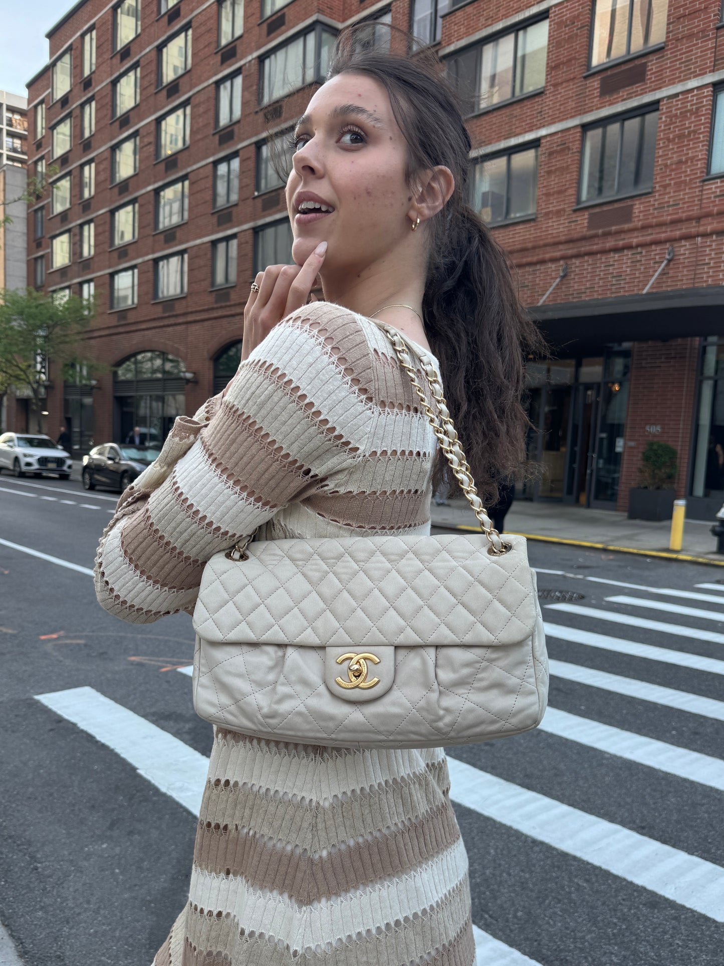 Chanel Iridescent Ivory Quilted Calfskin Large Chic Flap Shoulder Bag