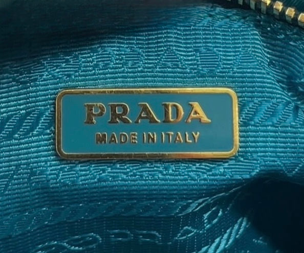 Prada Vintage Turquoise Blue Tessuto Nylon Pleated Ruffle Gaufre Small Pochette Shoulder Bag