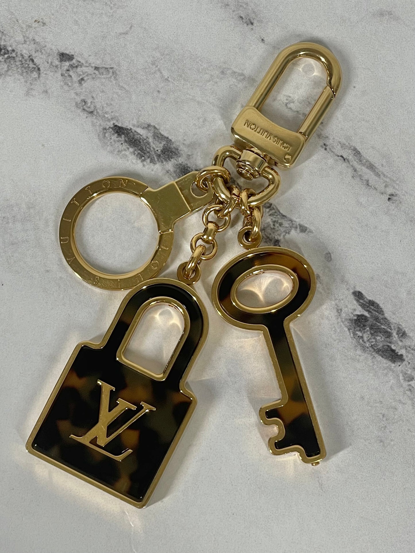 Louis Vuitton Vintage Monogram Resin Tortoise & Gold Lock & Key Bag Charm & Key Holder