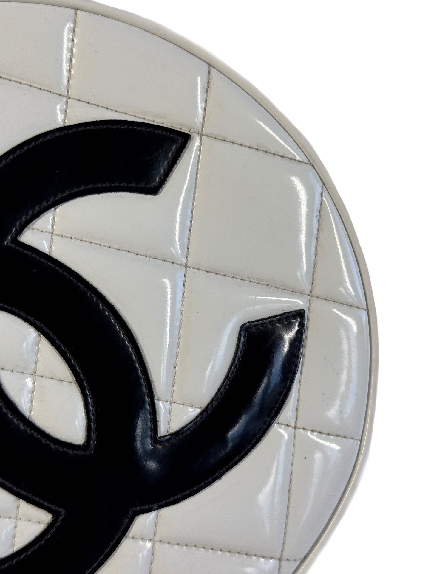 Chanel Vintage Spring 1995 Quilted White & Black Patent Leather CC Round Vanity Bag