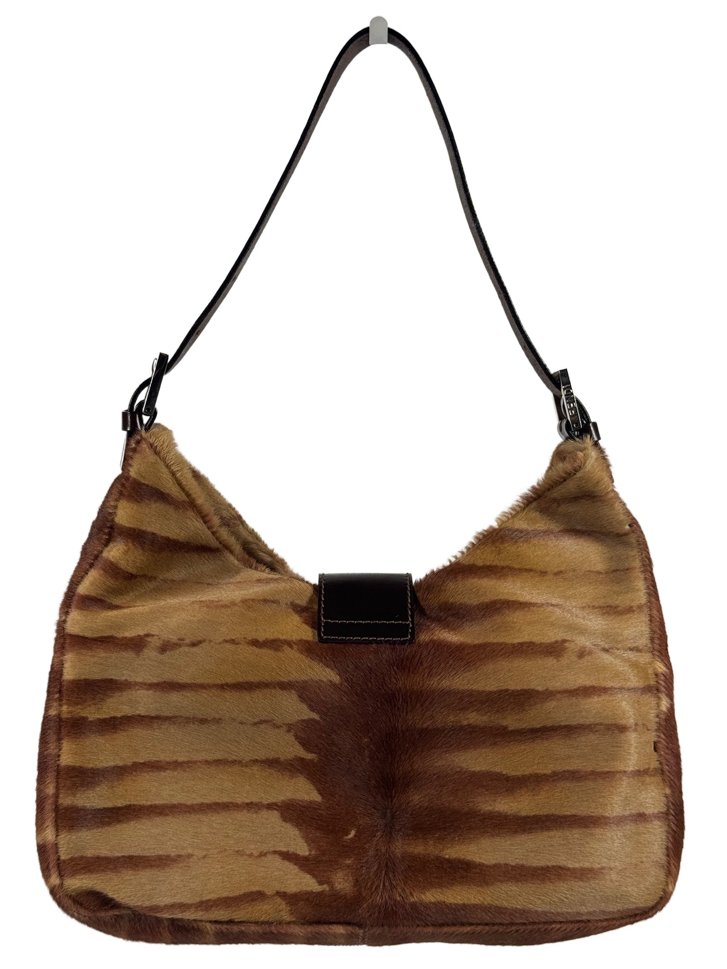 Fendi Vintage Brown Giraffe Print Pony Hair Shoulder Hobo Baguette Bag