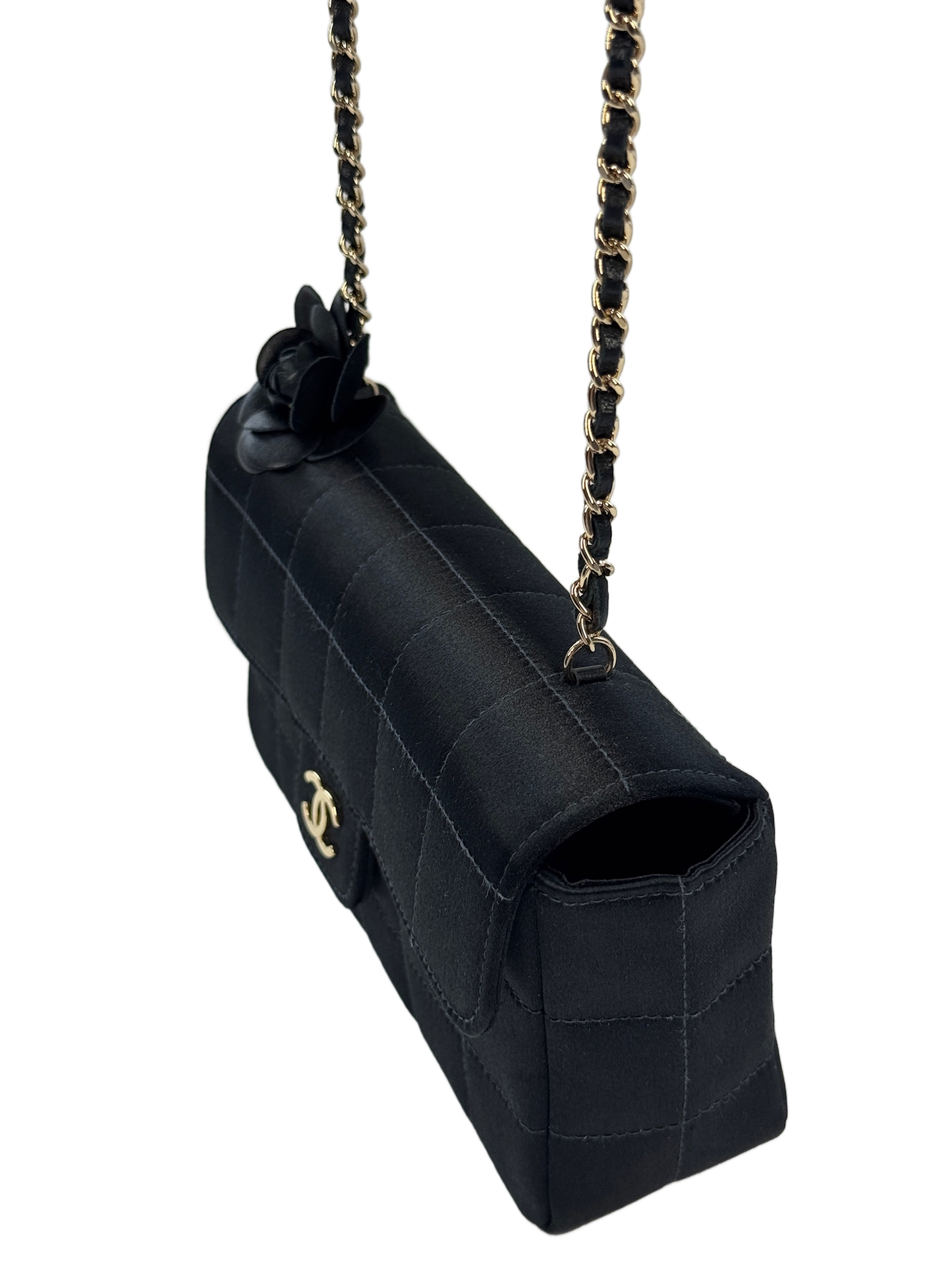 Chanel Vintage 00s Black Satin Quilted Chocolate Bar Camellia Flower Extra Mini Flap Bag
