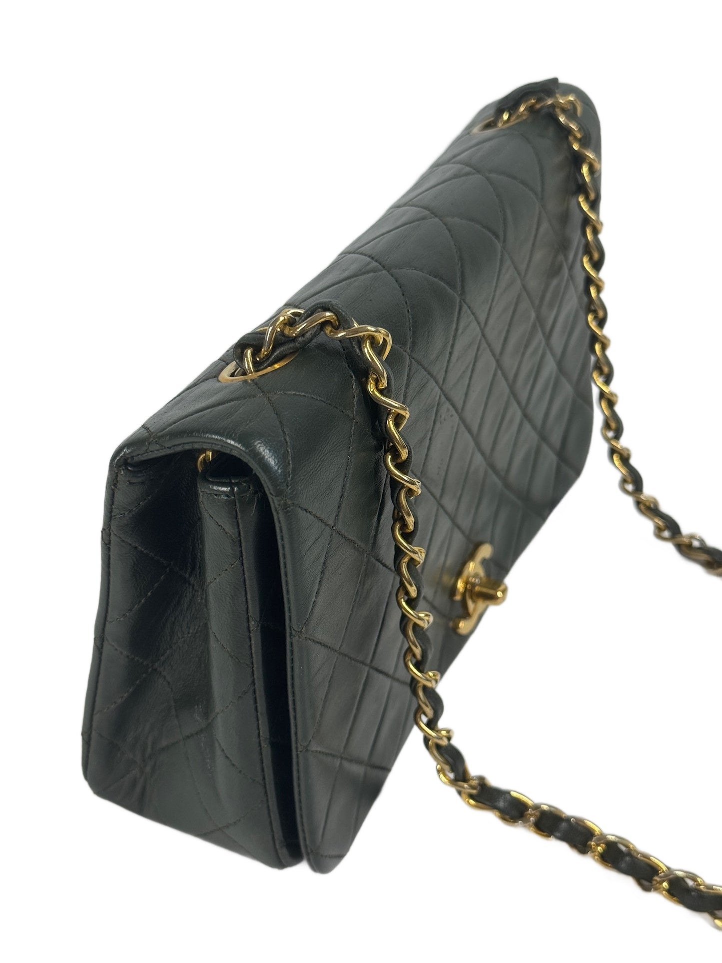 Chanel Vintage 00s Khaki Green Quilted Lambskin Small Classic Single Flap Turn Lock Shoulder Bag