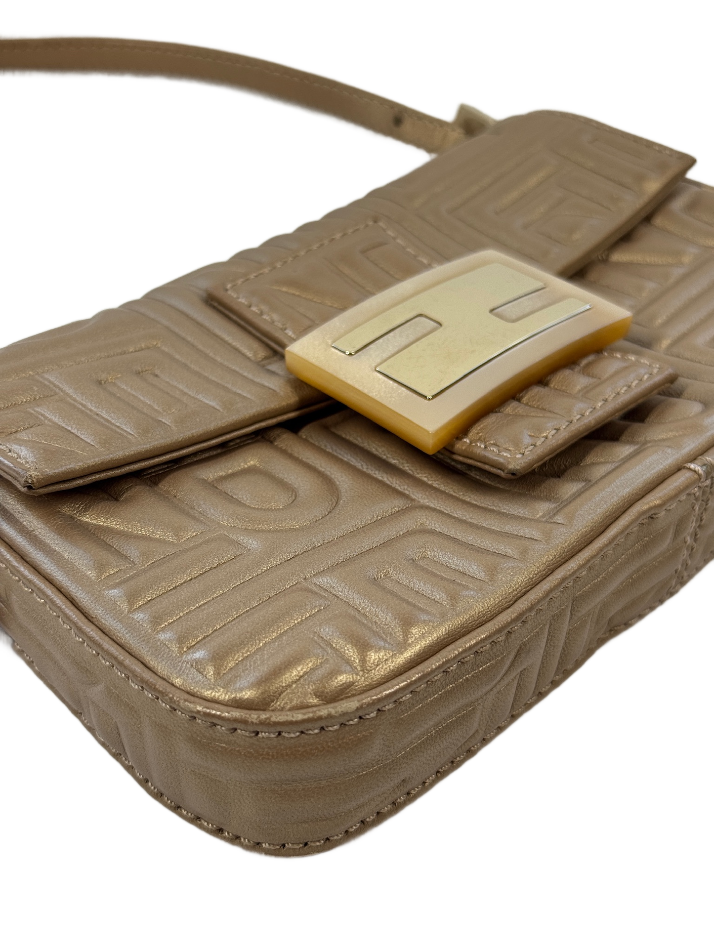 Fendi Metallic Gold Nappa Embossed Logo Leather Mini Baguette Pochette Shoulder Bag