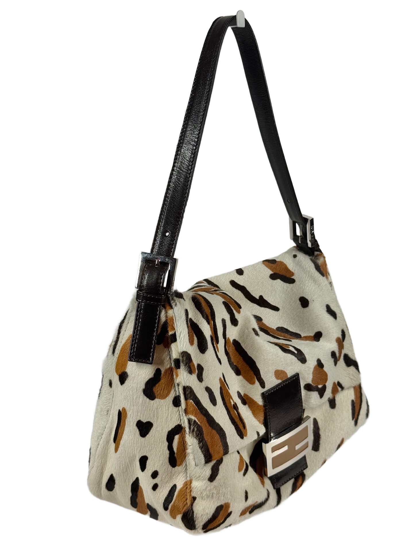 Fendi Vintage White & Brown Leopard Print Pony Hair Mamma Baguette Shoulder Bag