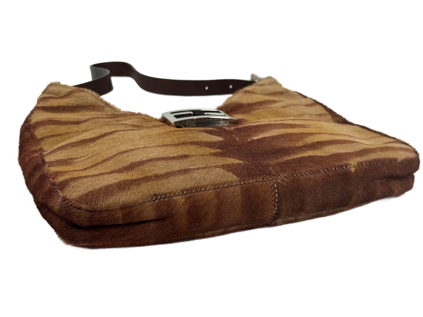 Fendi Vintage Brown Giraffe Print Pony Hair Shoulder Hobo Baguette Bag