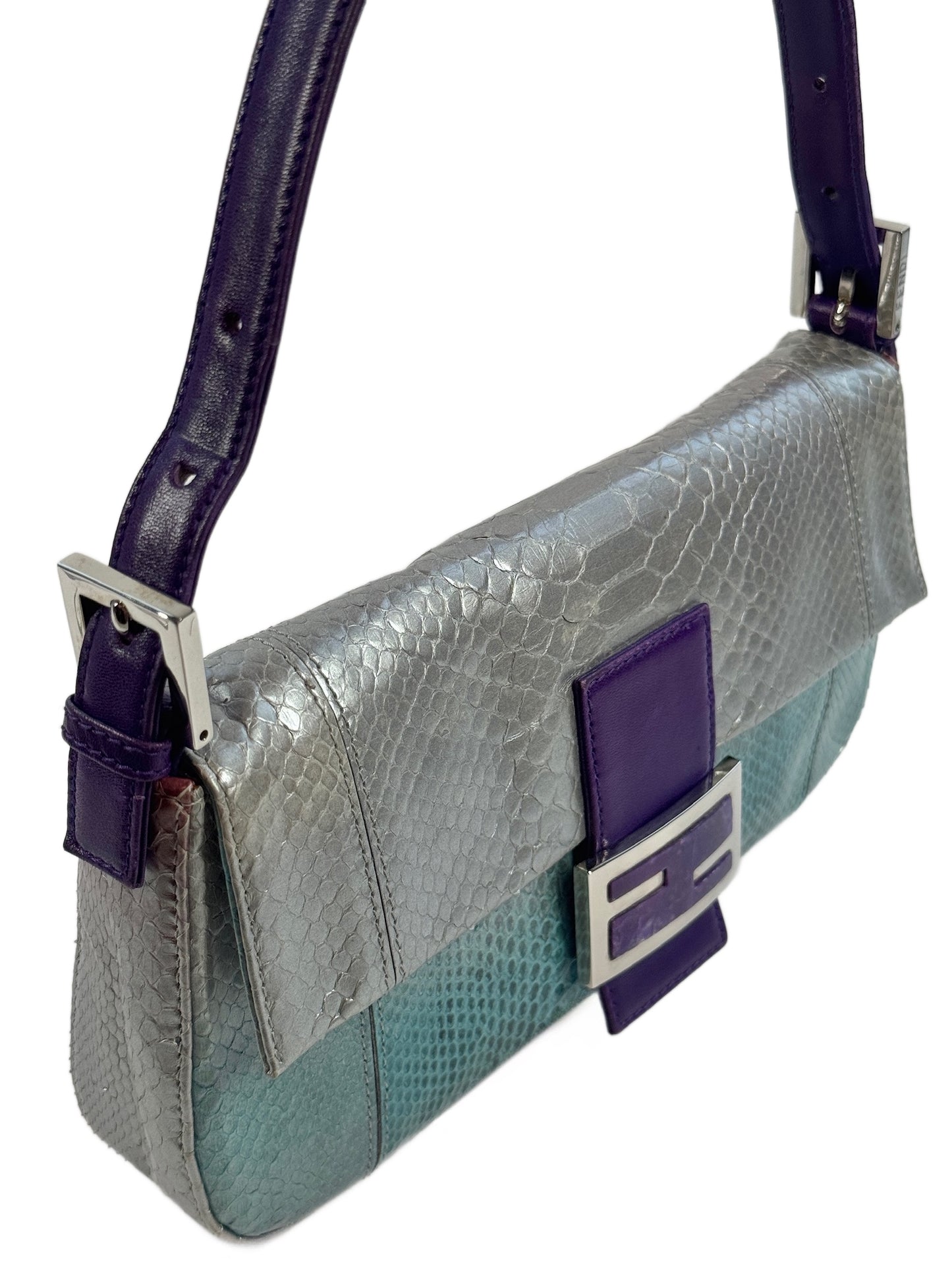 Fendi Vintage Silver Blue Purple Fuchsia Ombré Snakeskin Baguette Shoulder Bag