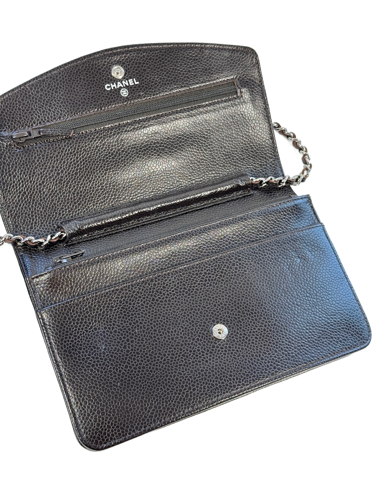 Chanel Vintage 00s Black Caviar CC Logo Timeless Wallet On Chain Crossbody Bag