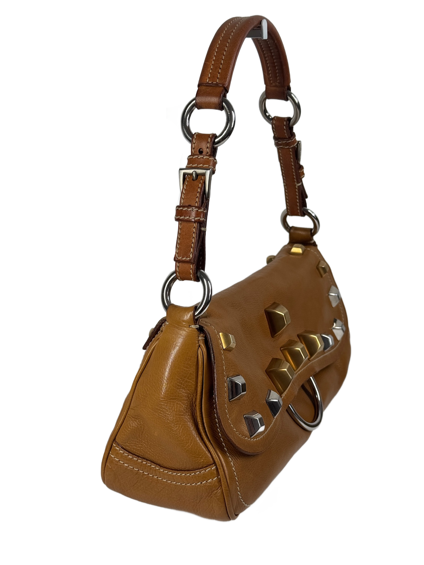 Prada Vintage 2004 Beige Calf Leather Mixed Metal Studded Shoulder Bag