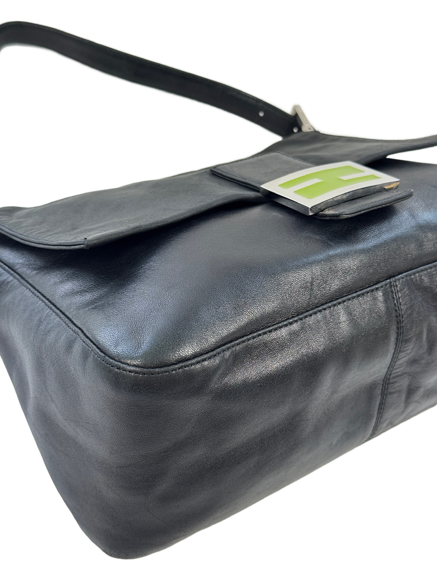 Fendi Vintage Black Leather Green Logo Mamma Shoulder Baguette Bag