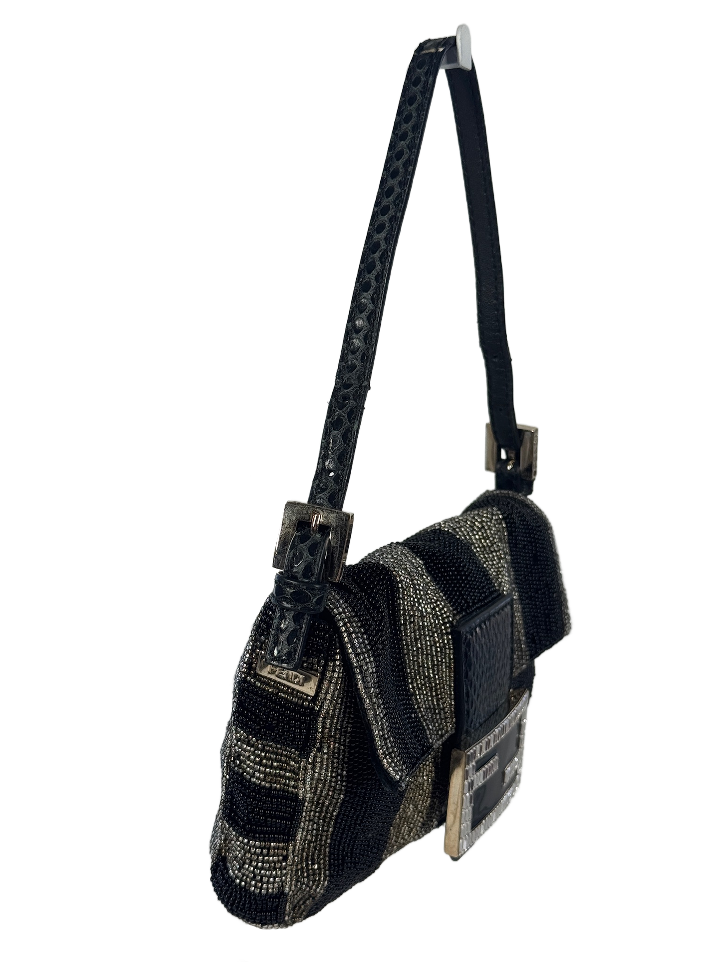 Fendi Vintage Black & Silver Metallic Striped Beaded Crystal Embellished Logo Mini Baguette w Snakeskin Trim