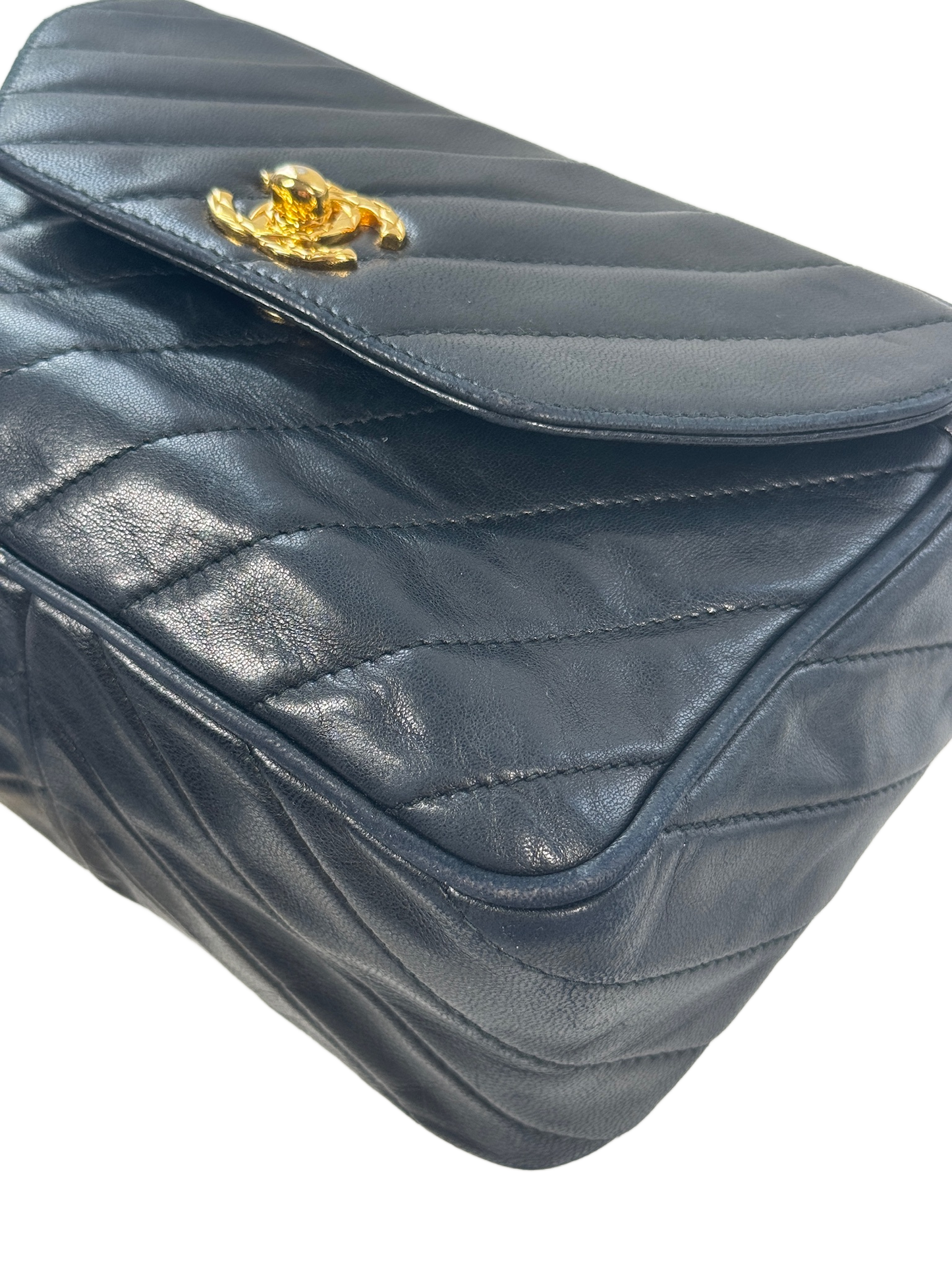 Chanel Vintage 90s Navy Blue Diagonal Quilted Lambskin Leather Tassel Camera Bag w 24K Gold Plated Hardware