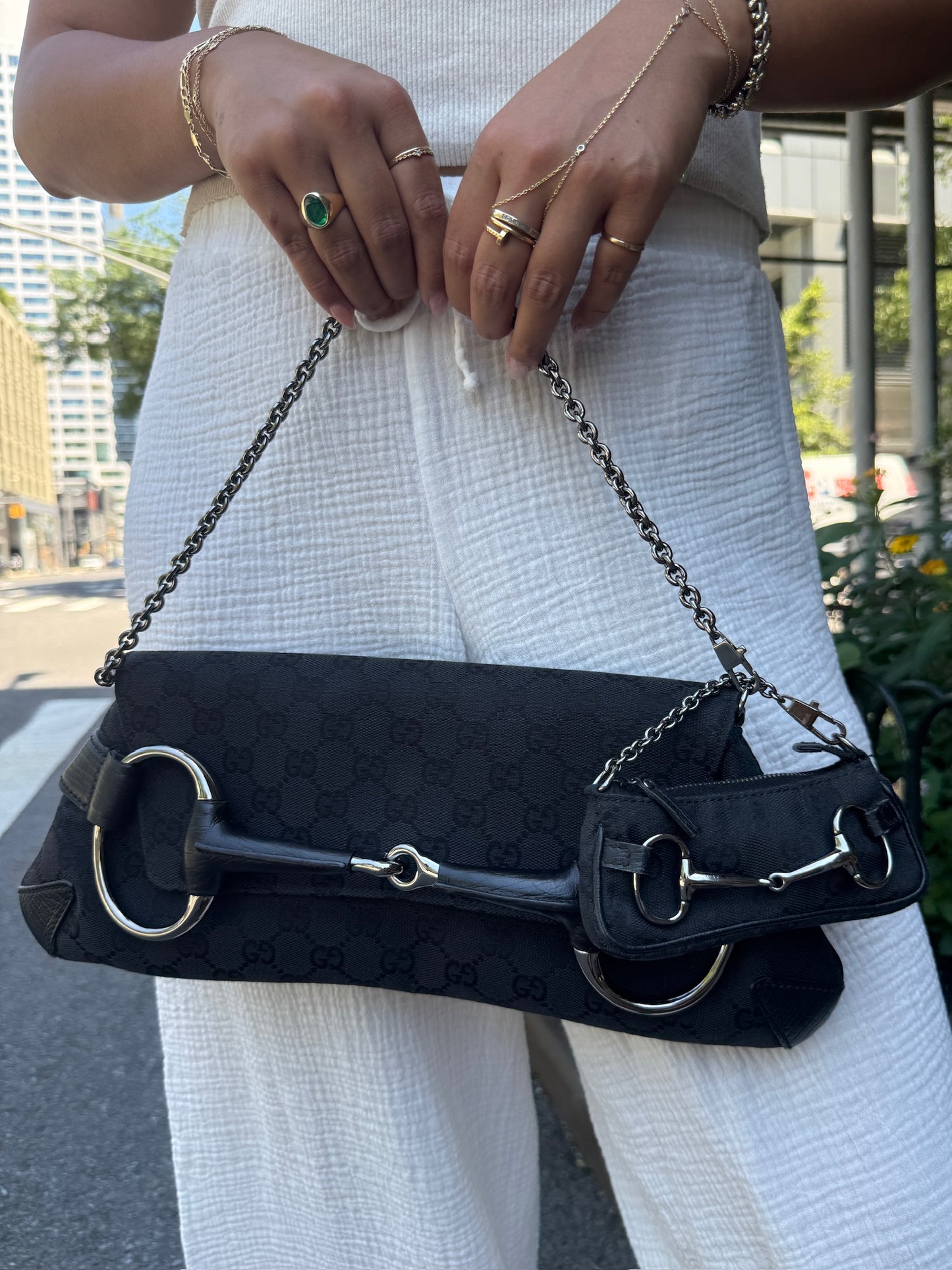 Gucci Vintage Black GG Monogram Horsebit Large Chain Shoulder Clutch Bag