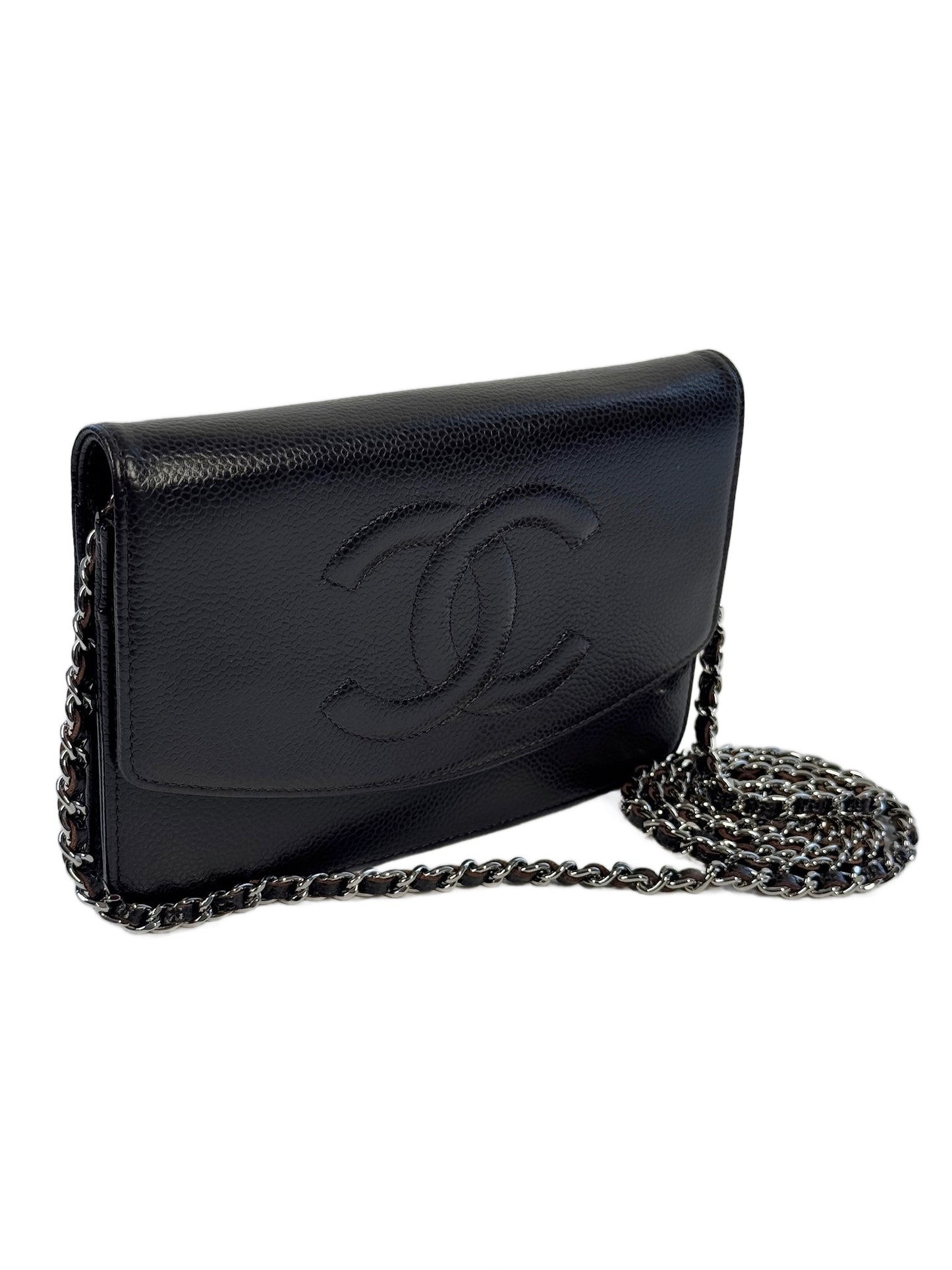 Chanel Vintage 00s Black Caviar CC Logo Timeless Wallet On Chain Crossbody Bag