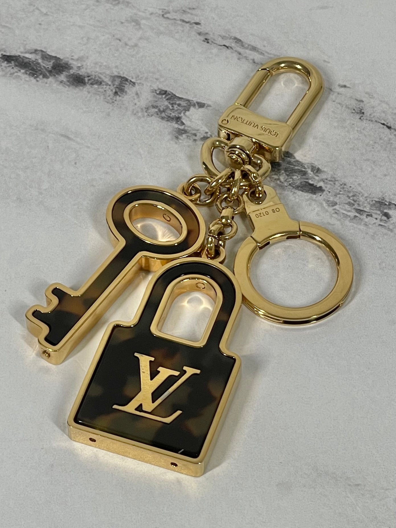 Louis Vuitton Vintage Monogram Resin Tortoise & Gold Lock & Key Bag Charm & Key Holder