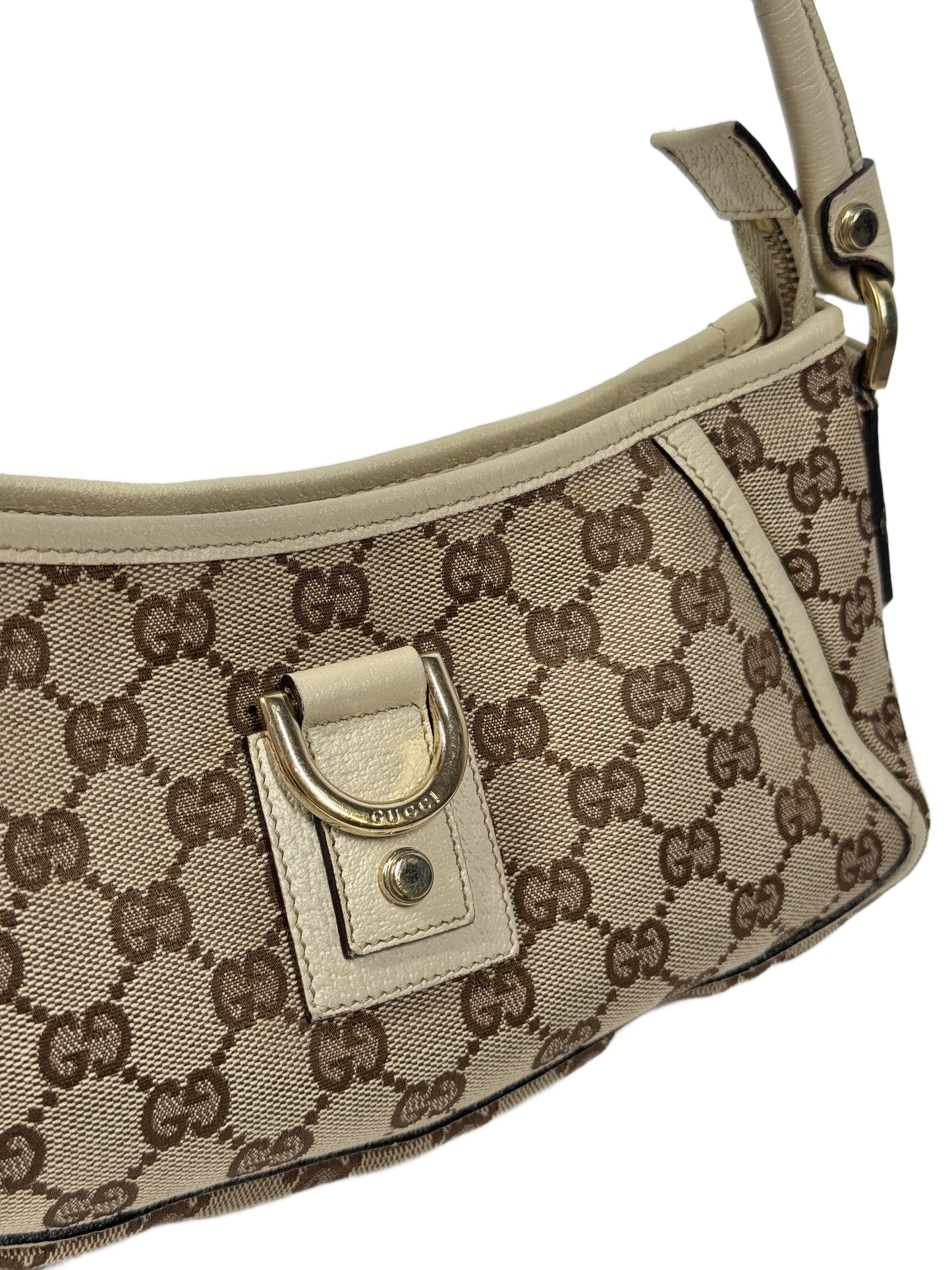 Gucci Vintage Brown GG Monogram Canvas w Ivory Leather Trim Abbey Pochette Shoulder Bag