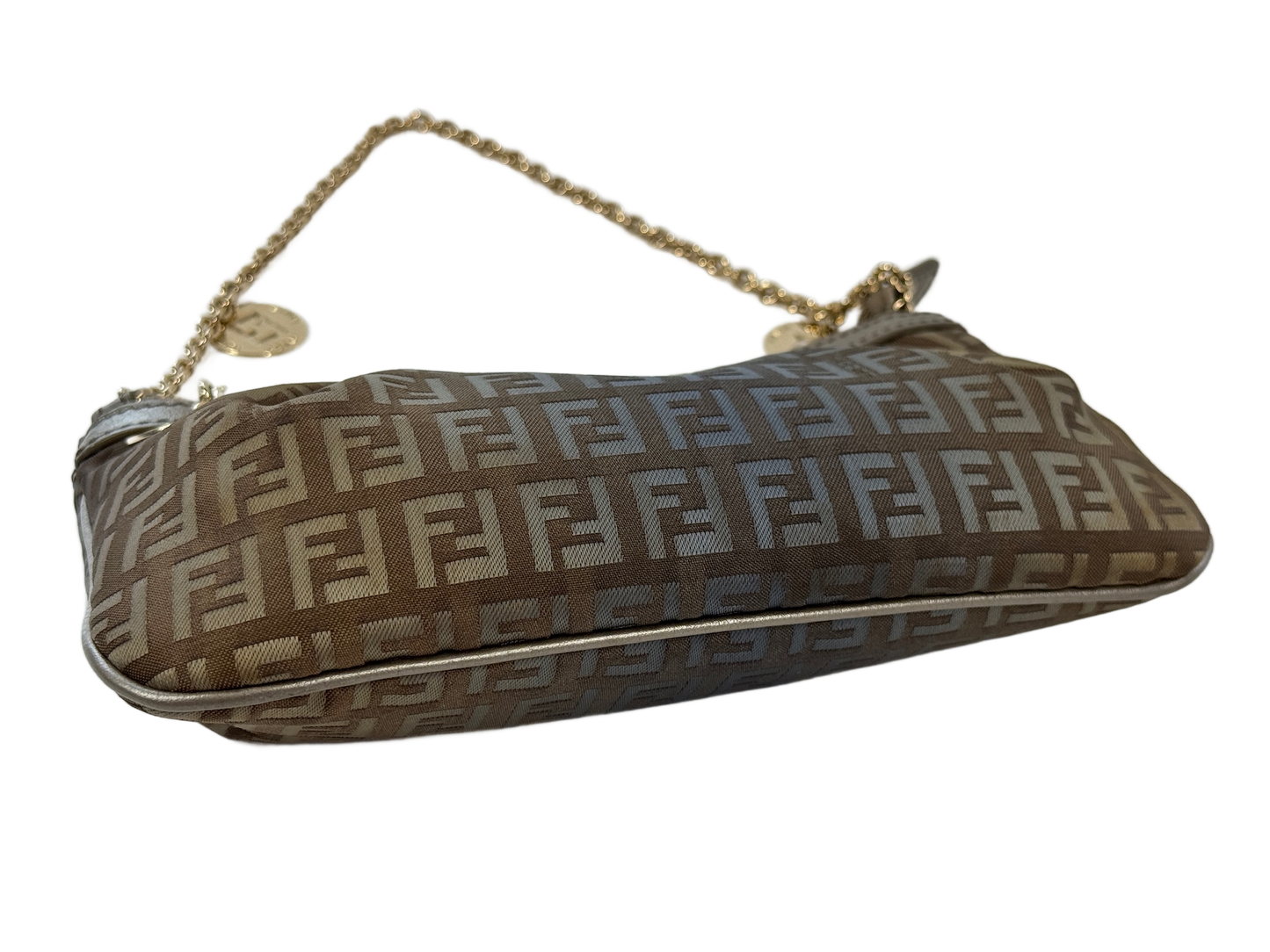 Fendi Vintage Brown Blue Metallic Ombré Zucca Zucchino Monogram Charm Pochette Chain Bag