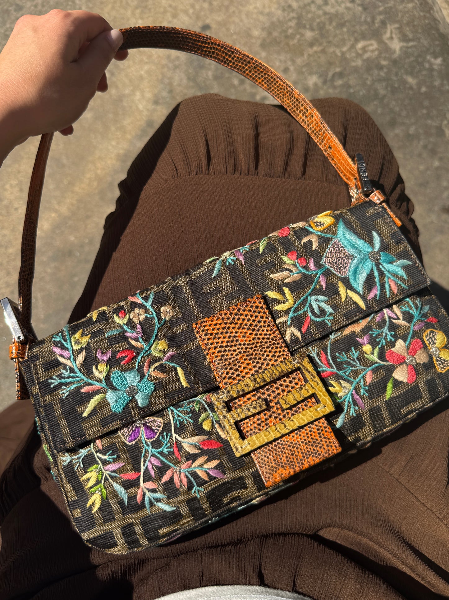 Fendi Vintage Zucca Monogram Floral Embroidered Beaded Lizard Trim Shoulder Baguette Bag