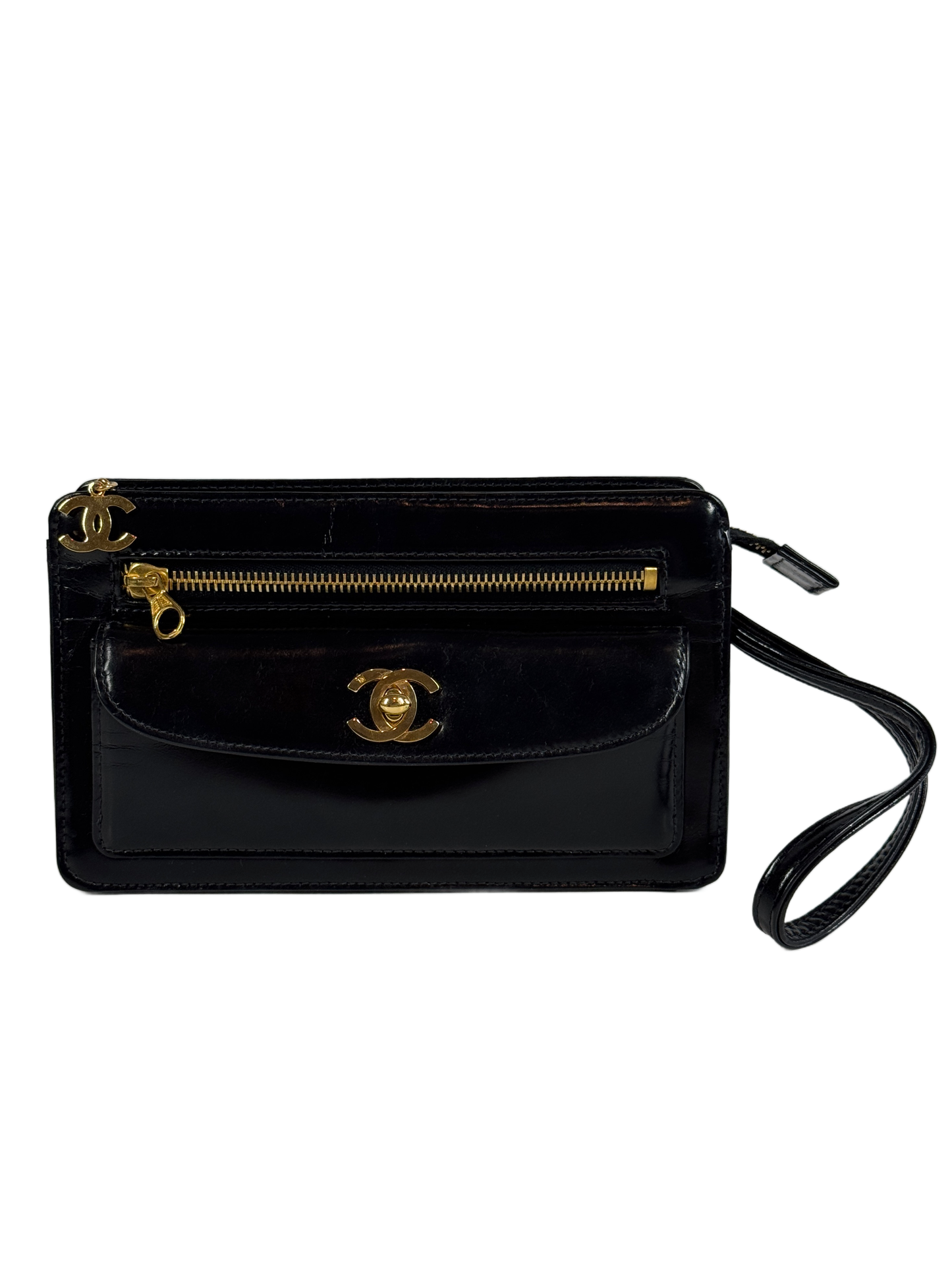 Chanel Vintage 90s Black Patent Leather CC Turnlock Wristlet Clutch Bag