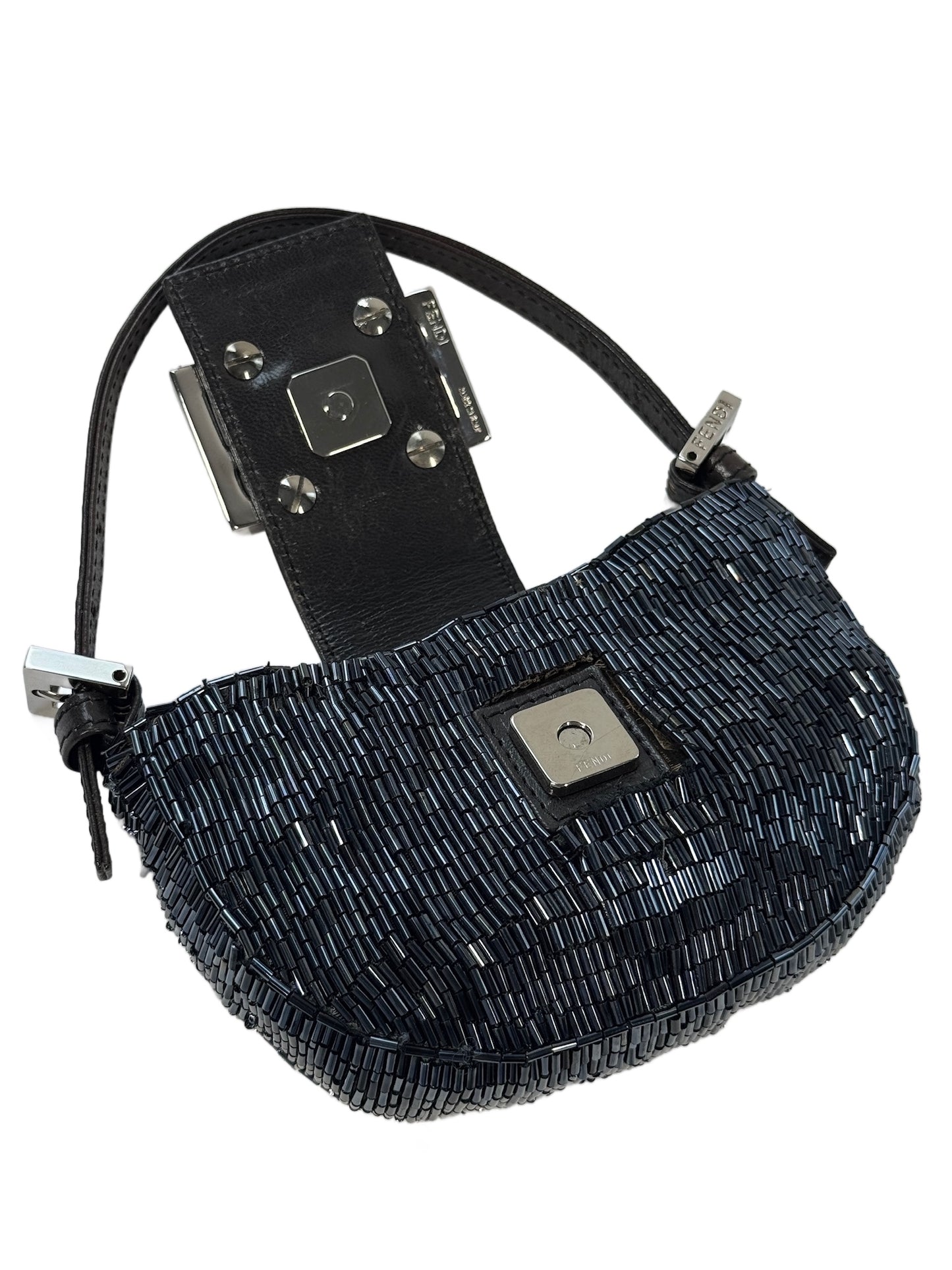 Fendi Vintage Iridescent Black Beaded Mini Croissant Baguette Bag