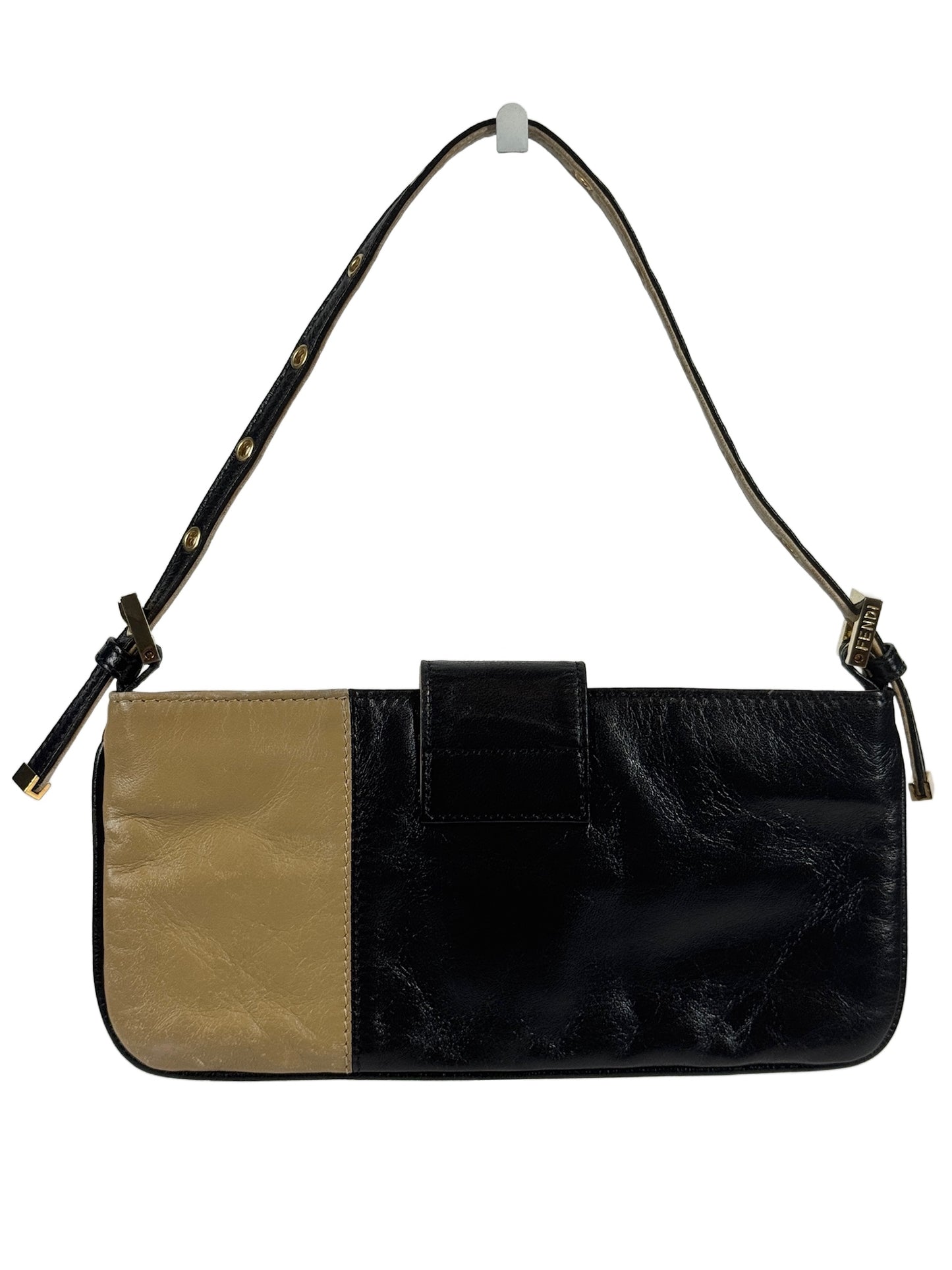 Fendi Vintage Black & Beige Lambskin Leather Flap Pochette Baguette Bag