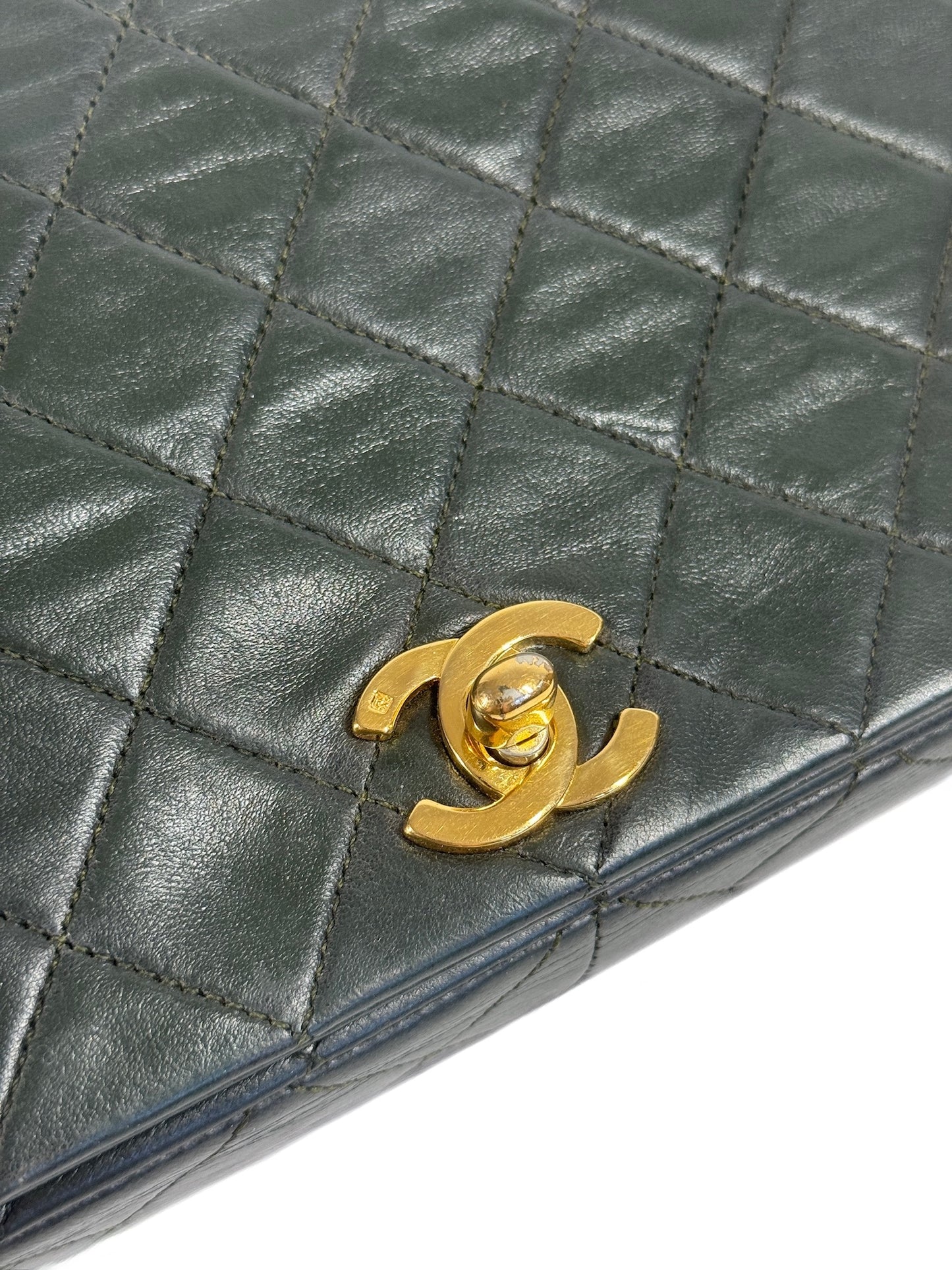 Chanel Vintage 00s Khaki Green Quilted Lambskin Small Classic Single Flap Turn Lock Shoulder Bag