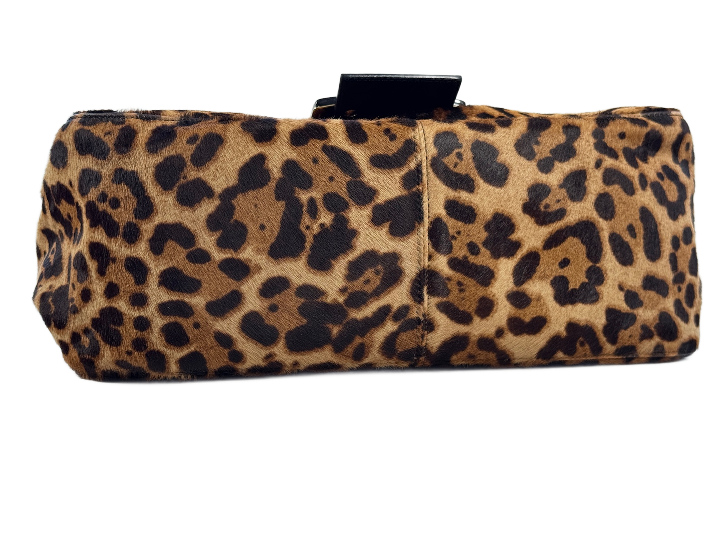 Fendi Vintage Brown Leopard Print Pony Hair w Black Patent Leather Trim XL Jumbo Mamma Baguette Shoulder Bag