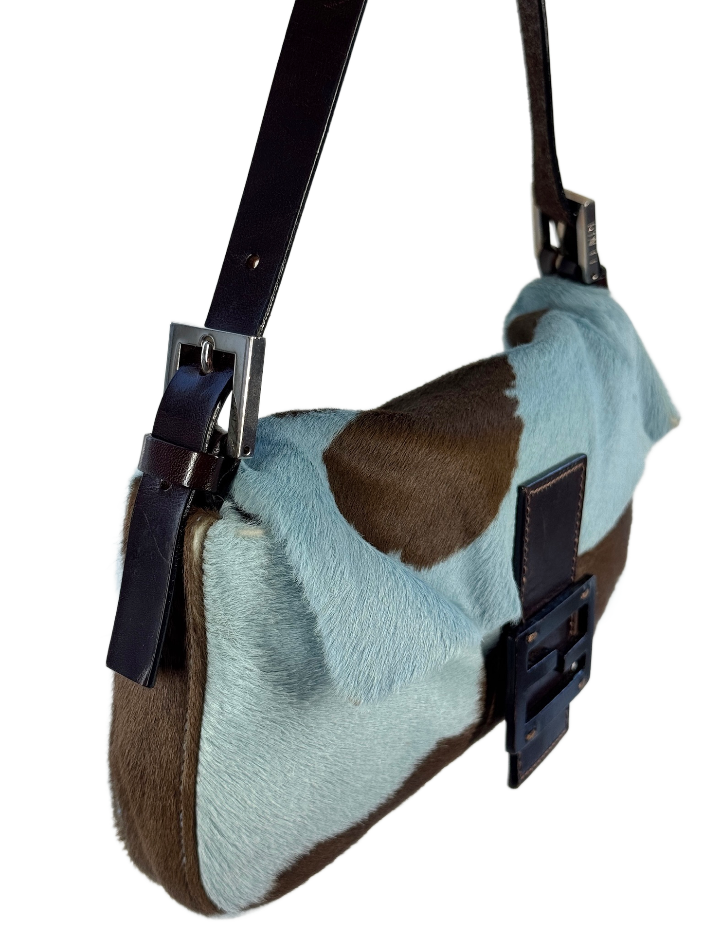 Fendi Vintage Blue & Brown Cow Animal Print Pony Hair Shoulder Baguette Bag