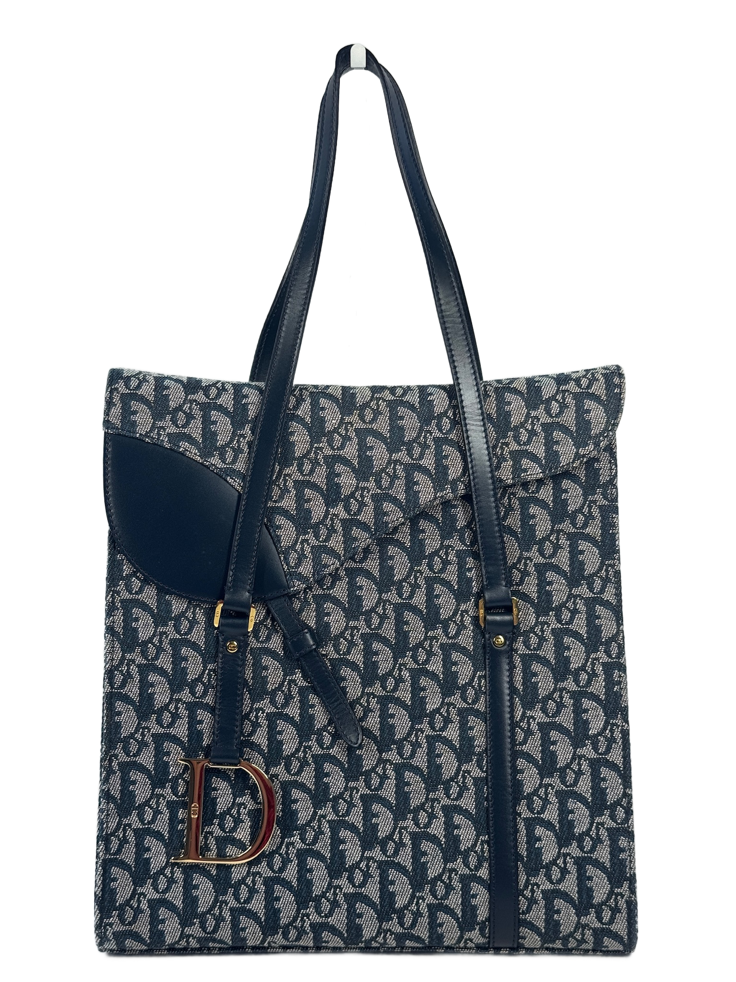 Dior Vintage 2002 Navy Blue Trotter Monogram Canvas Saddle Tote Bag