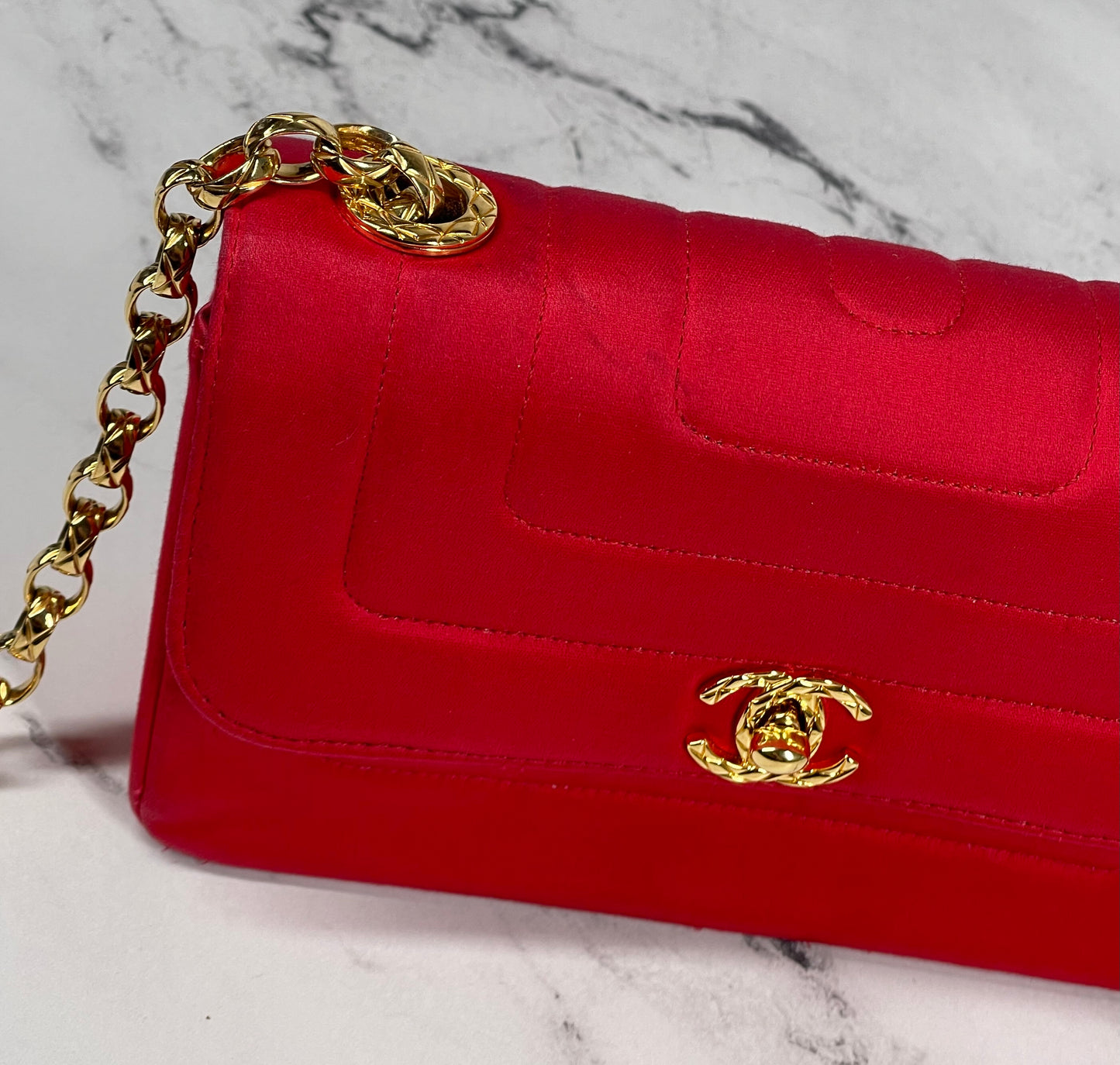 Chanel Vintage 2 Series Red Satin Classic Mini Flap Bag w Bijoux Chain w 24K GPHW